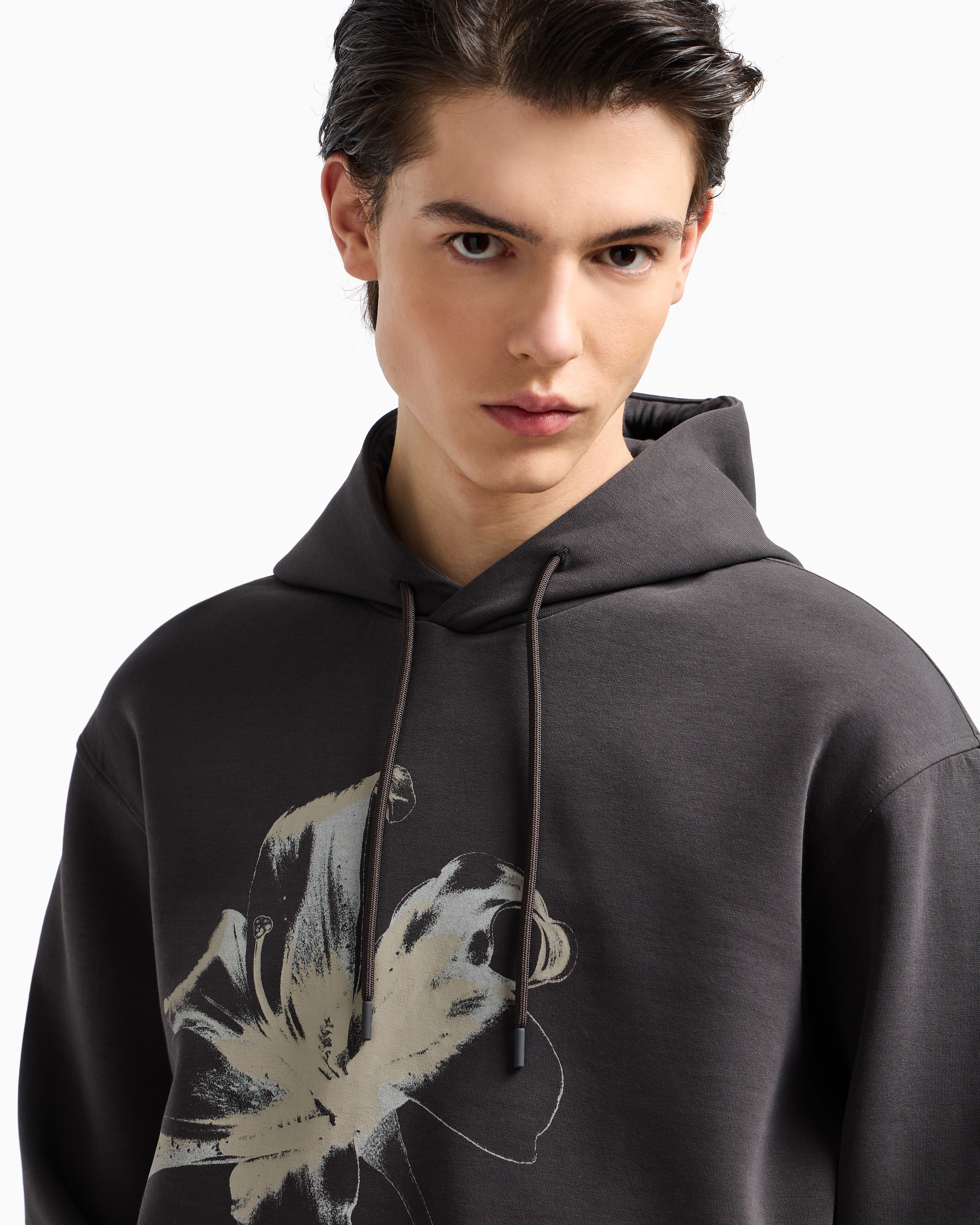 Emporio Armani Loose-fit Hooded Sweatshirt In Double Jersey With A Flower Print In Grey