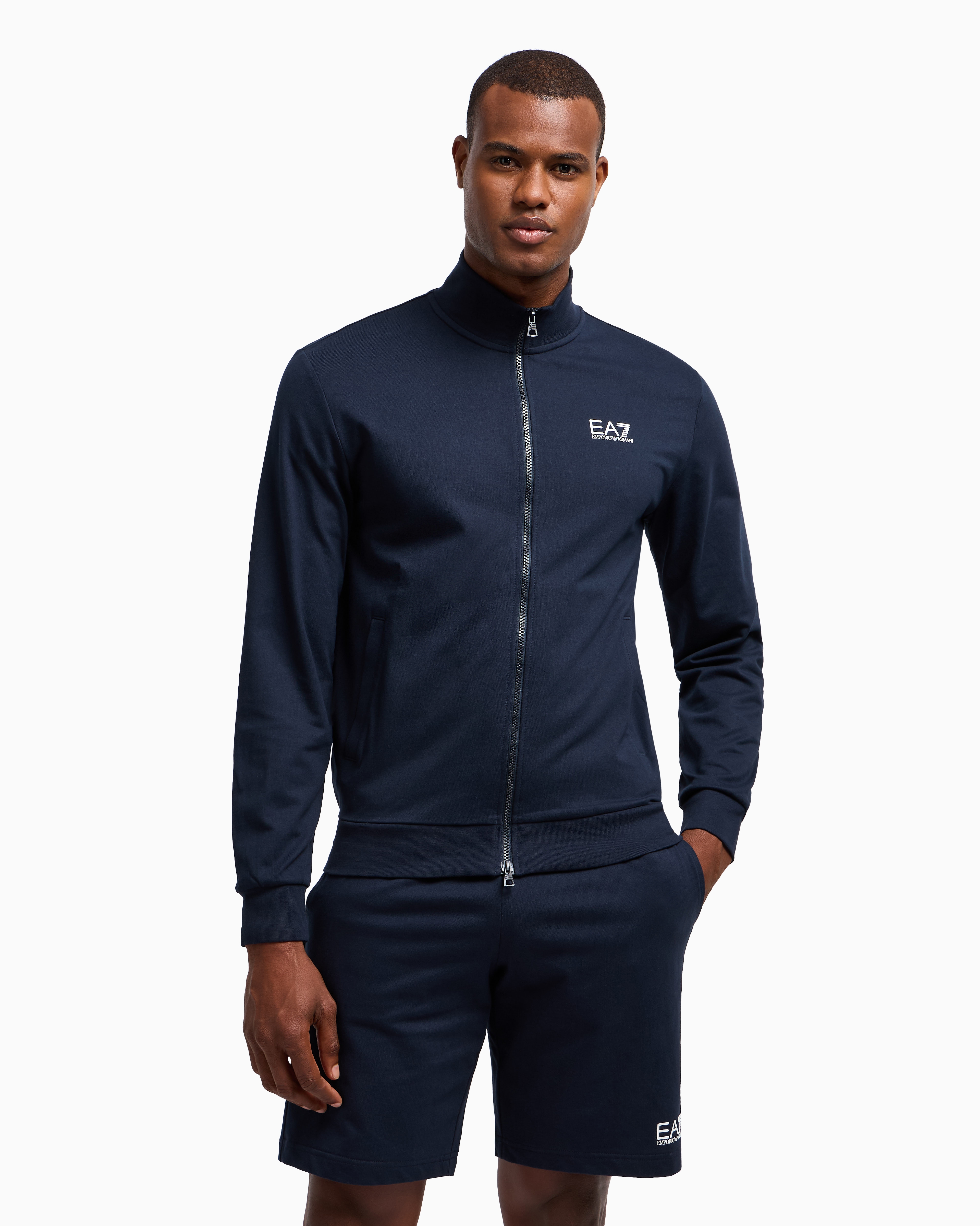 Ea7 Core Identity Cotton Zip-up Sweatshirt In Blue
