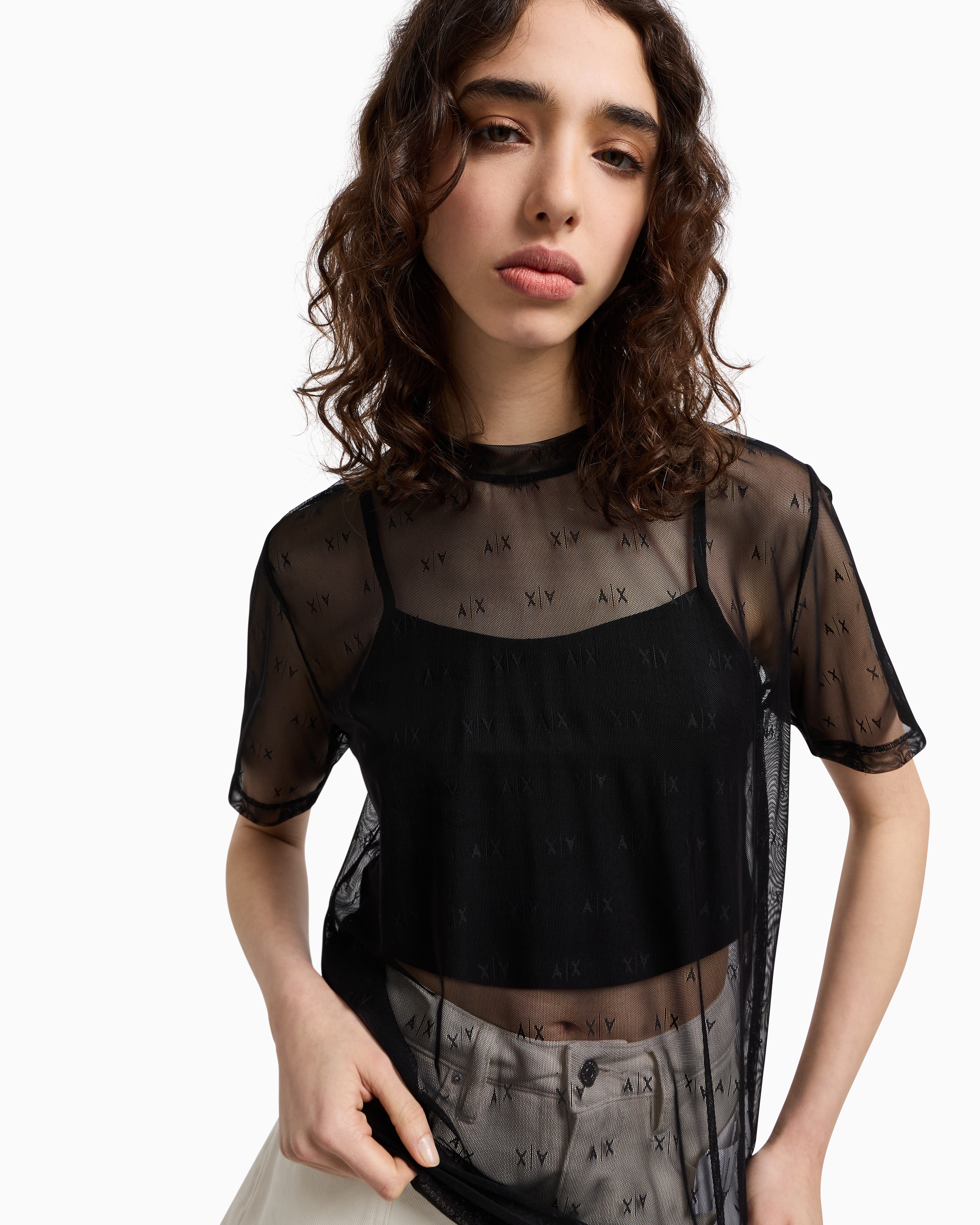 Armani Exchange - Transparent T-shirt with top, Woman, Black, Size: