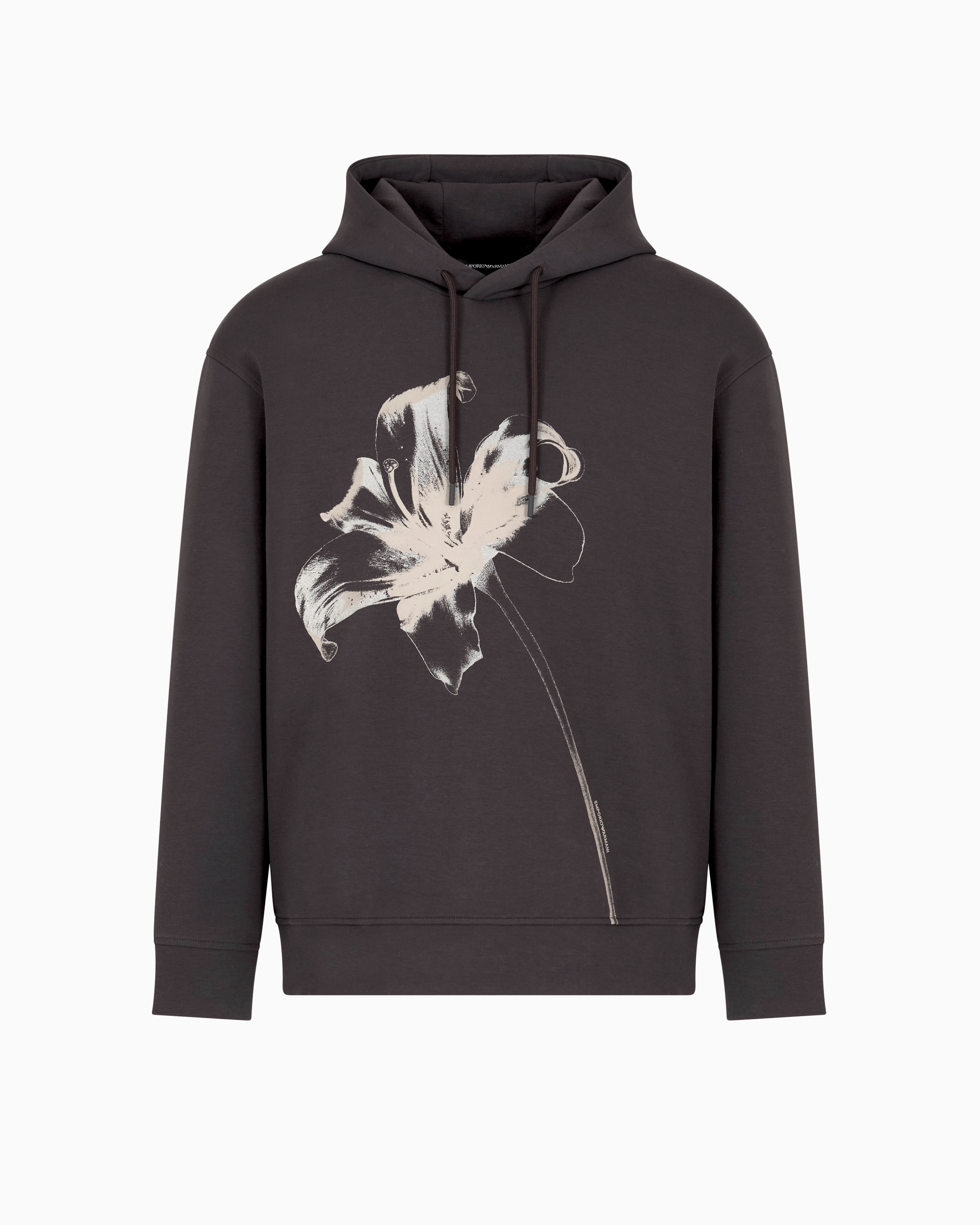 Emporio Armani Loose-fit Hooded Sweatshirt In Double Jersey With A Flower Print In Grey