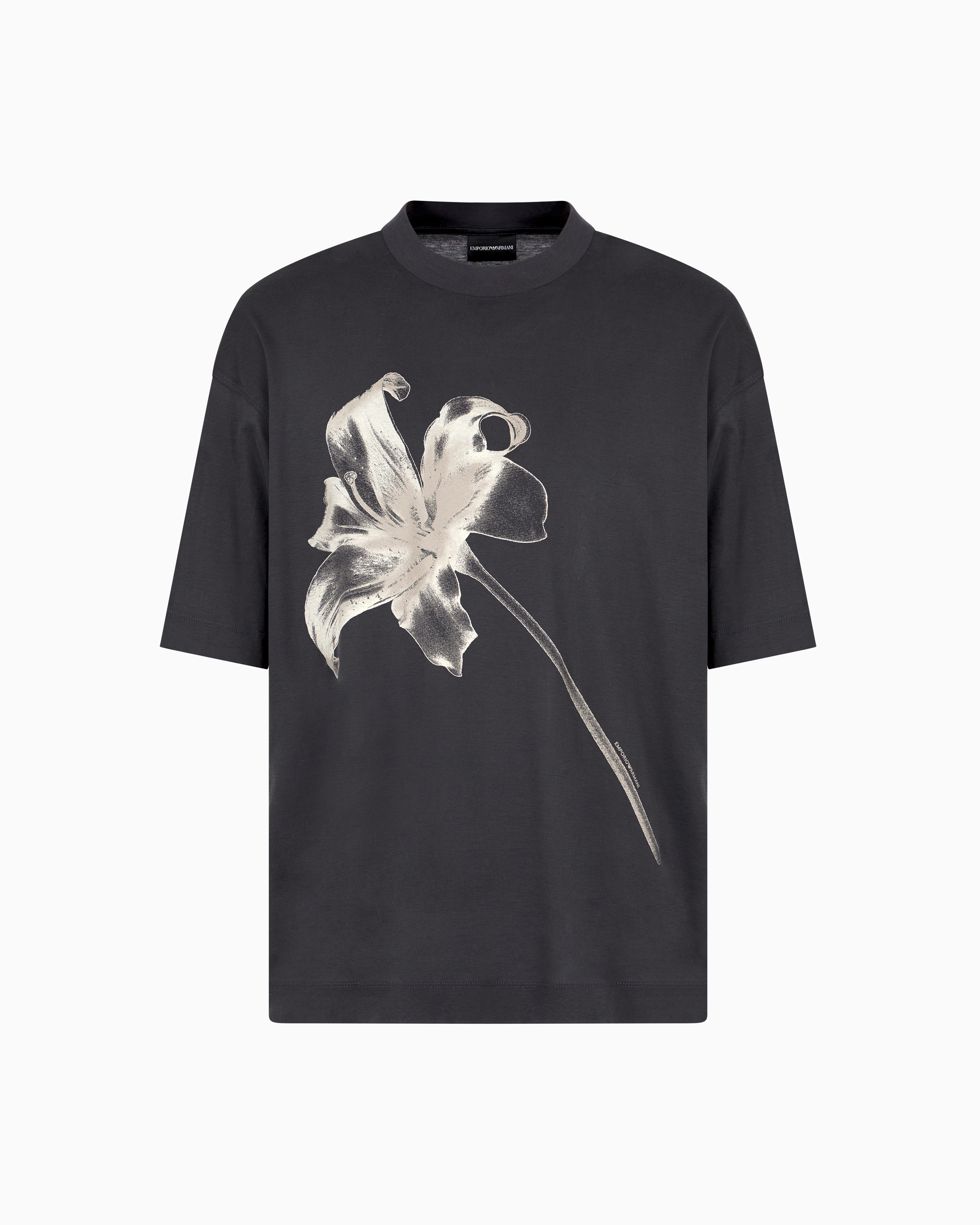 Emporio Armani Asv Lyocell Blend Jersey Oversized T-shirt With Lily Print In Grey