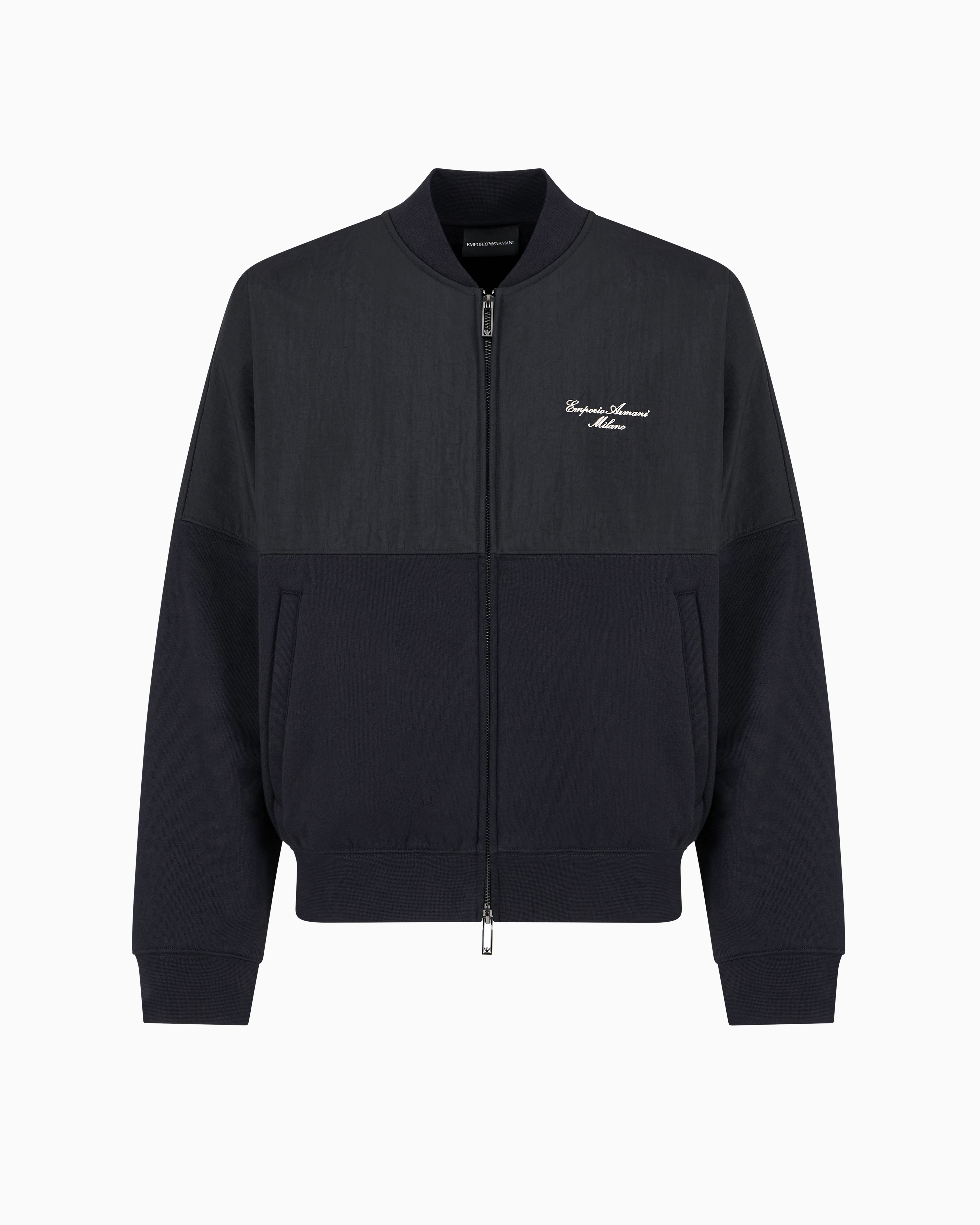 Emporio Armani Zip-up Sweatshirt In Nylon And French Terry Jersey With Logo Embroidery In Black