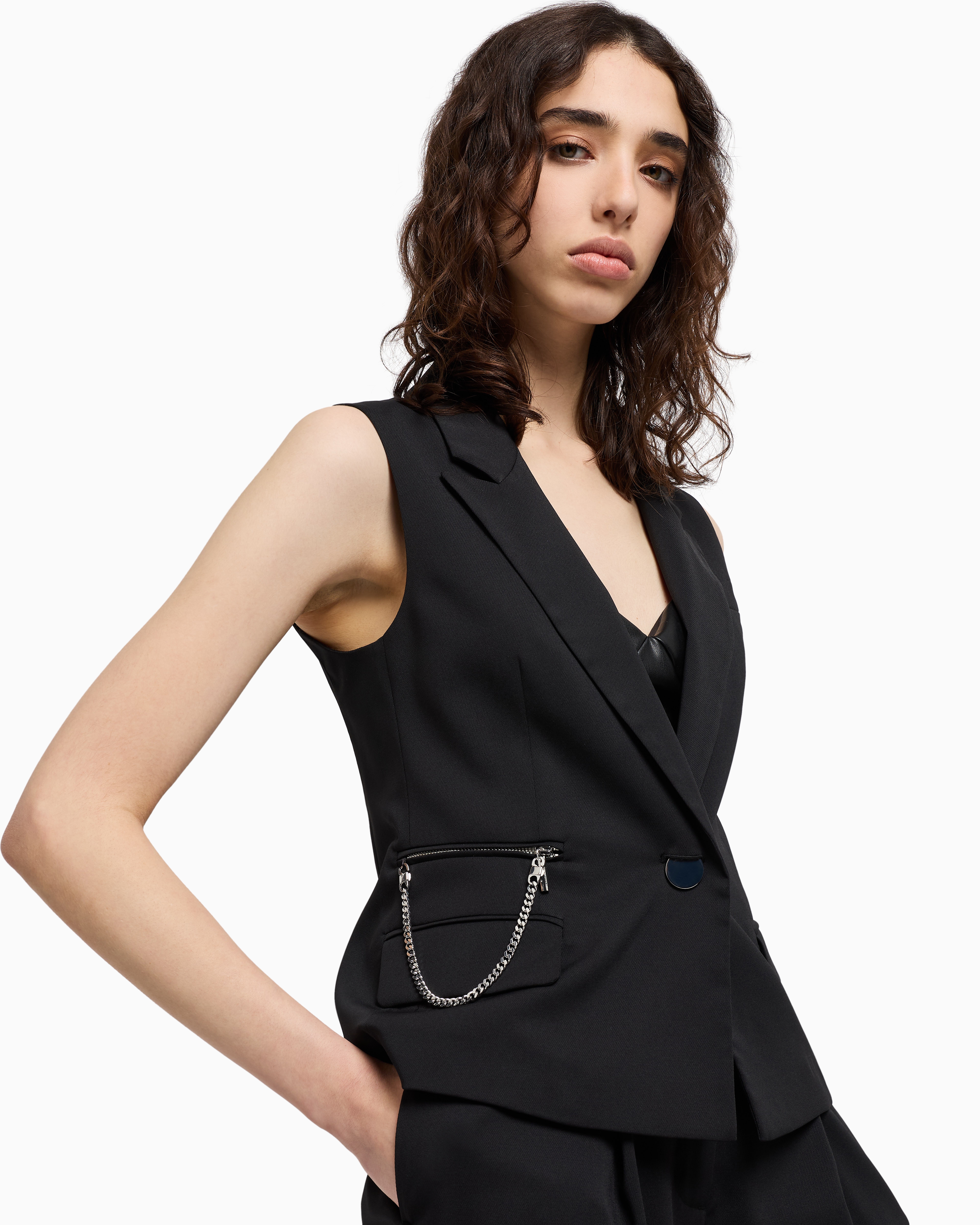 Armani Exchange - Single breasted vest with pendant chain, Woman, Black, Size: 4