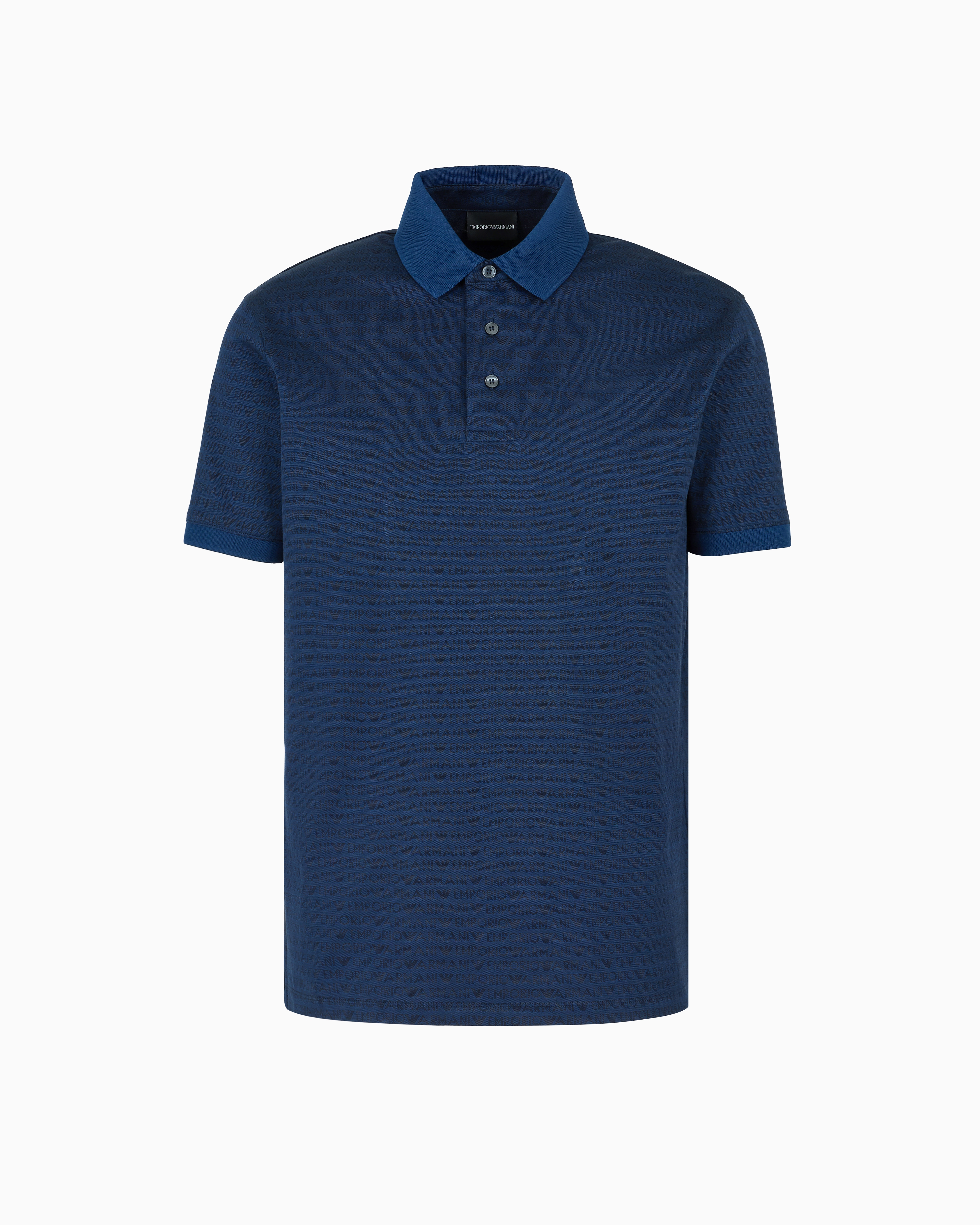 Emporio Armani Jersey Polo Shirt With All-over Jacquard Lettering In Blue