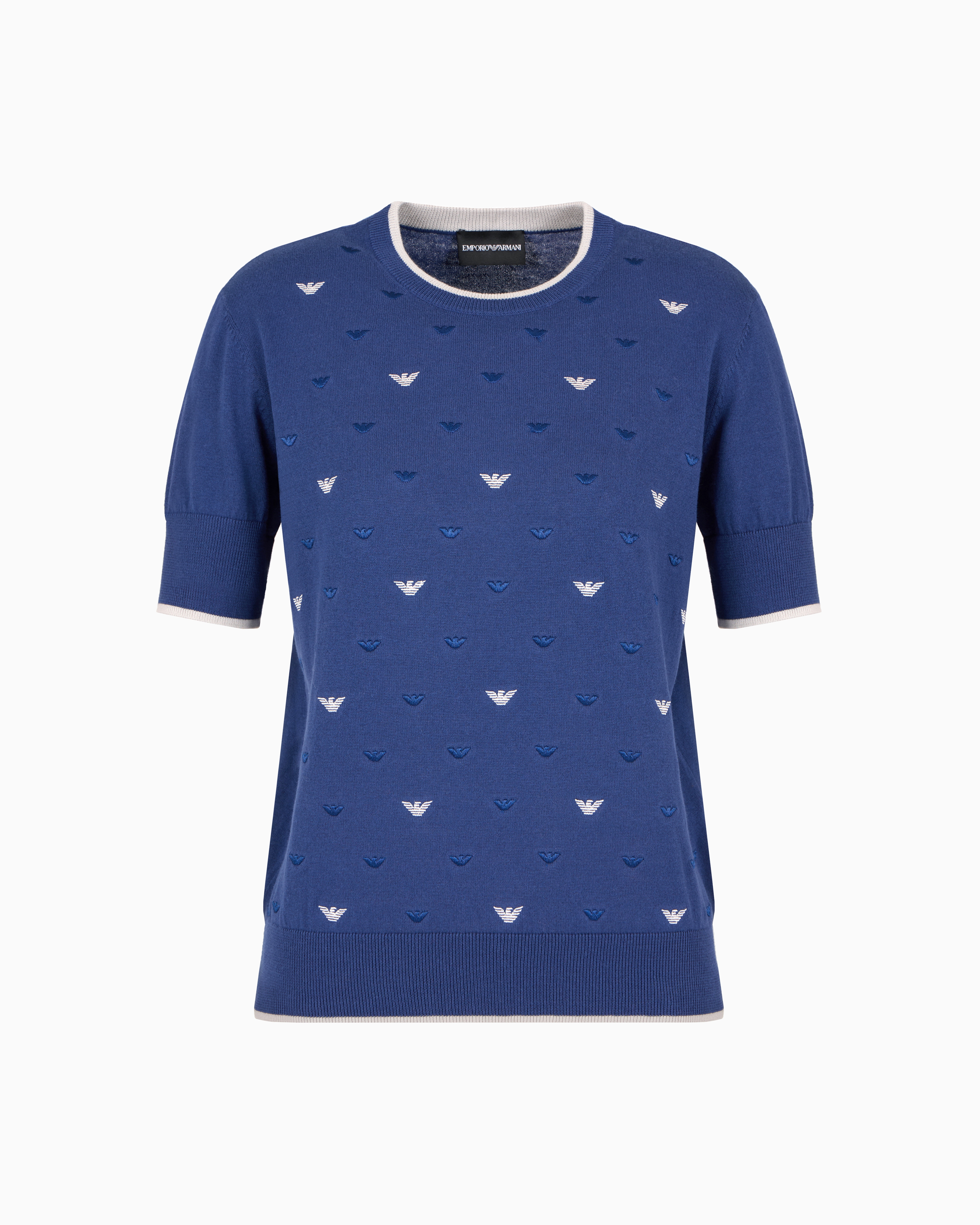 Emporio Armani Jumper With All-over Micro Eagle Embroidery In Blue