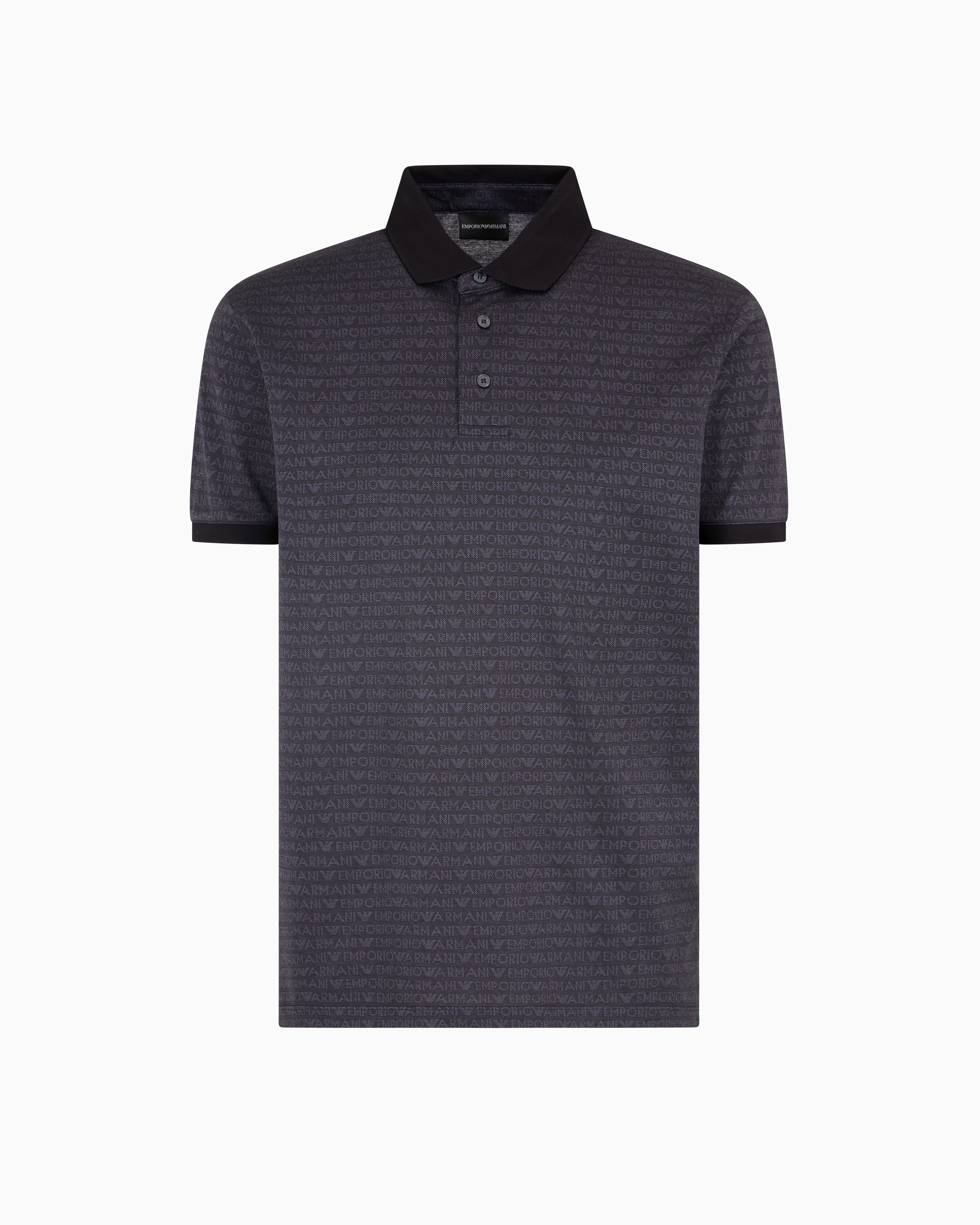 Emporio Armani Jersey Polo Shirt With All-over Jacquard Lettering In Black
