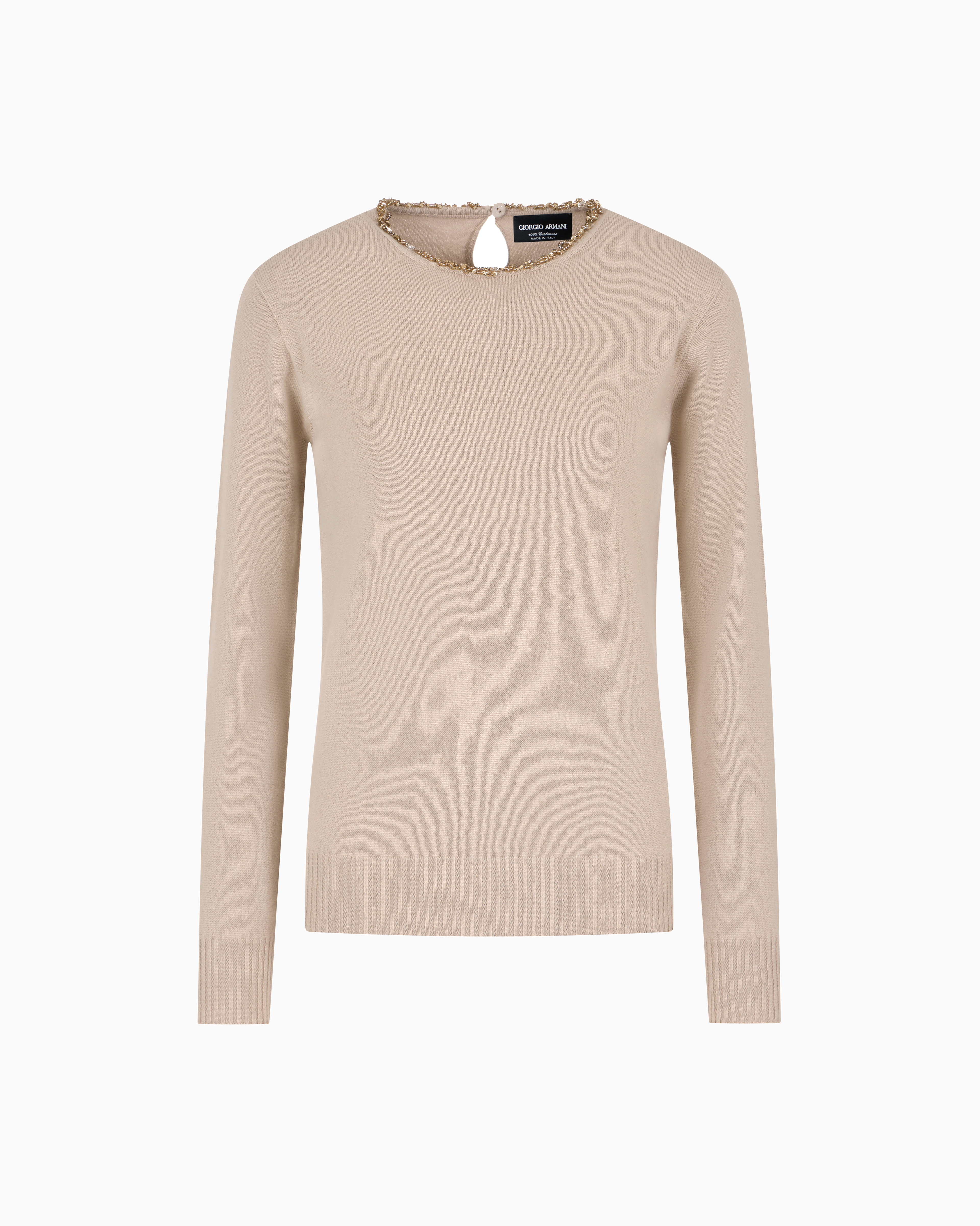 Giorgio Armani Cashmere Crew-neck Jumper With Embroidery In Beige
