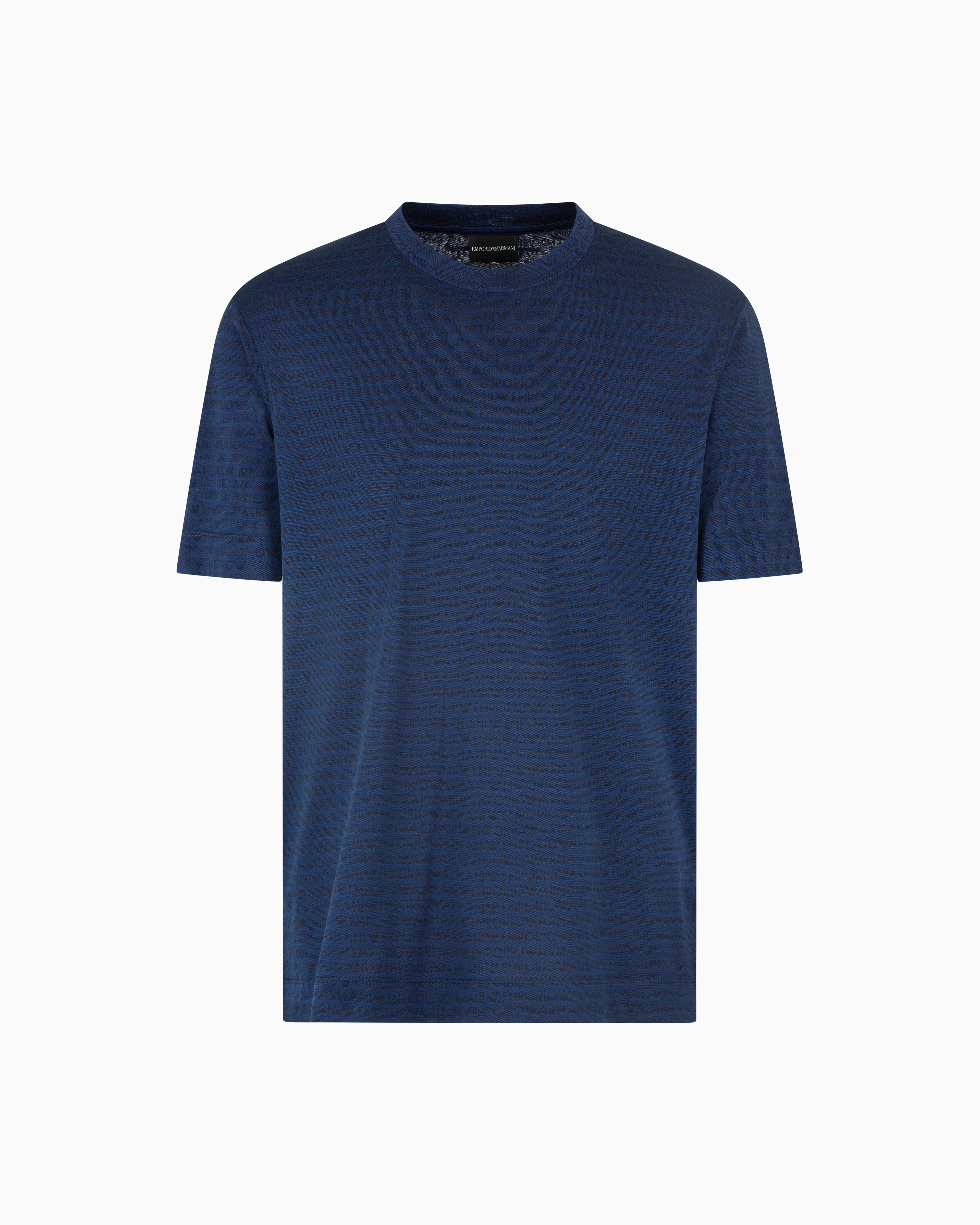 Emporio Armani Jersey T-shirt With All-over Jacquard Lettering In Blue