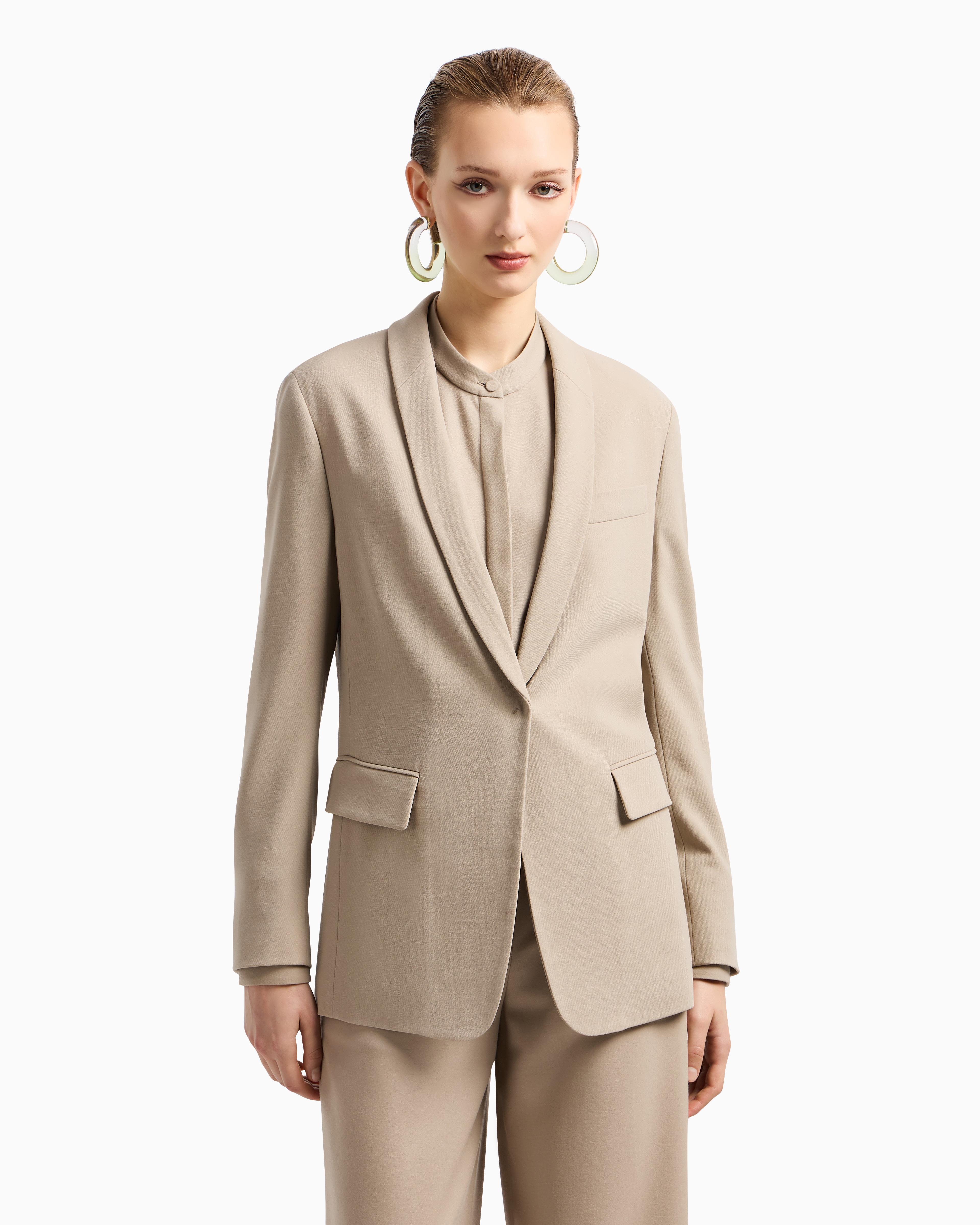Giorgio Armani Single-breasted Jacket In Stretch Wool Barathea In Beige