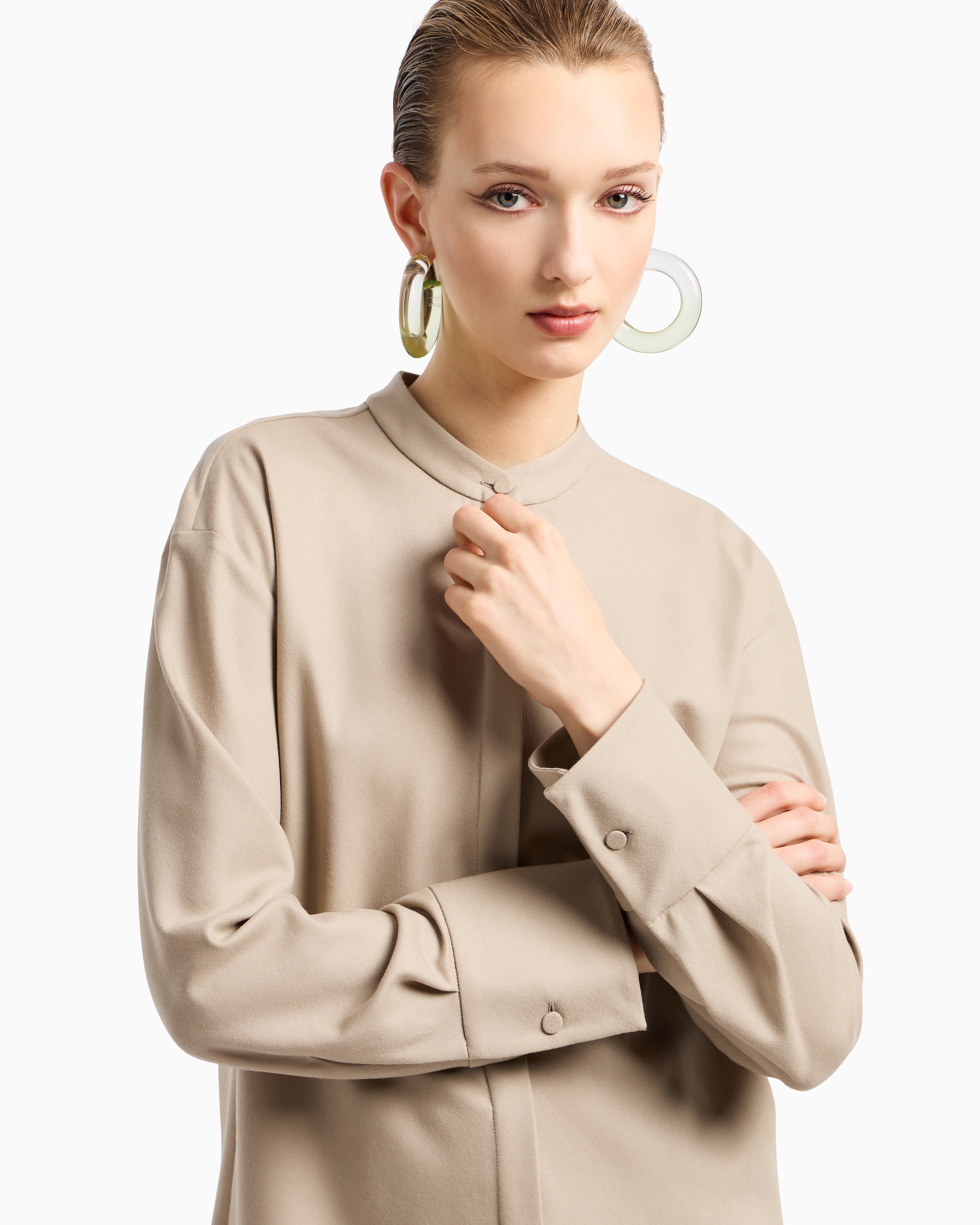 Giorgio Armani Long-sleeved Fluid Wool Shirt In Neutral