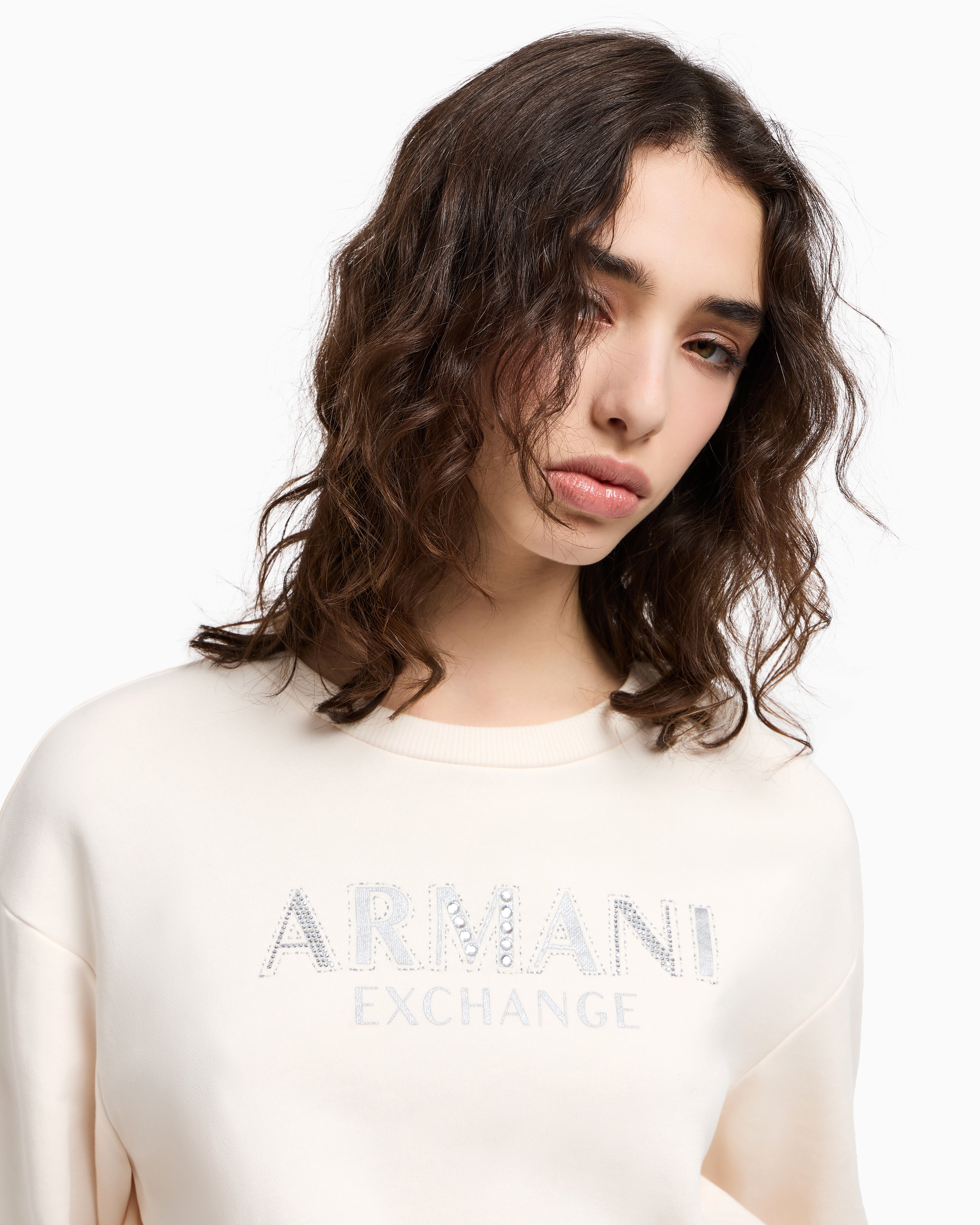 Armani Exchange - Crewneck sweatshirt with metal logo, Woman, White, Size: XS