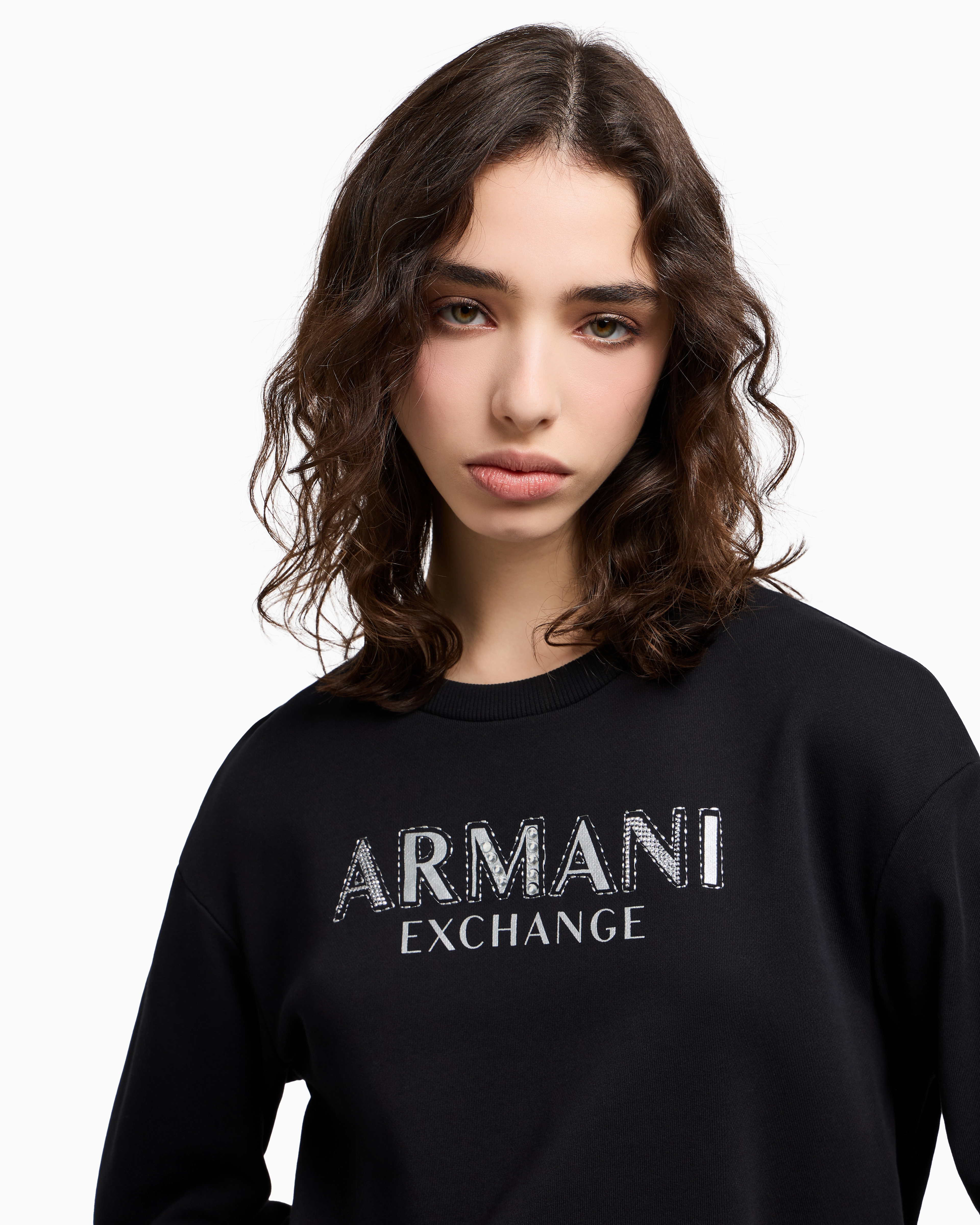 Armani Exchange - Crewneck sweatshirt with metal logo, Woman, Black, Size:
