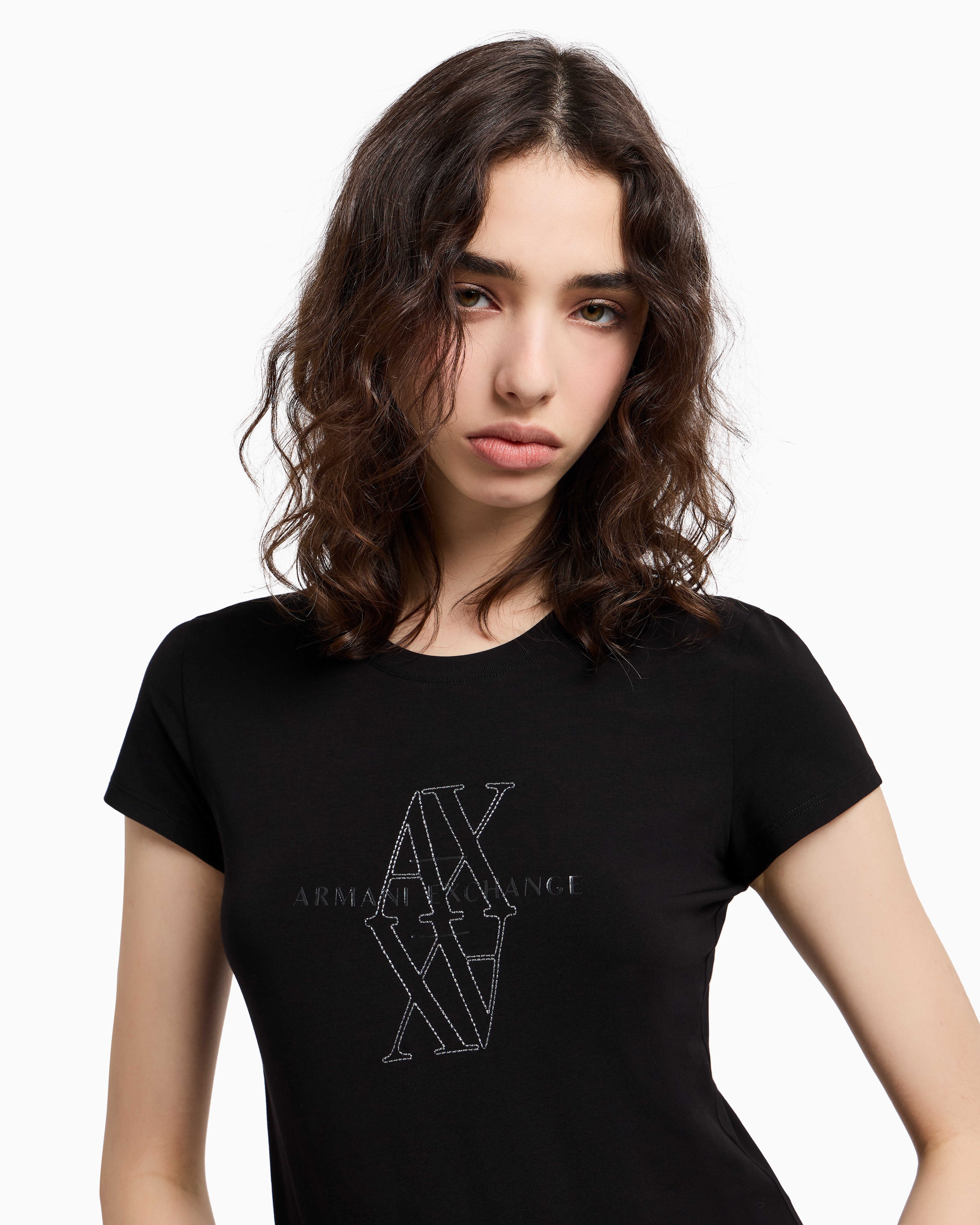 Armani Exchange - Slim fit T-shirt with embroidered logo, Woman, Black, Size: