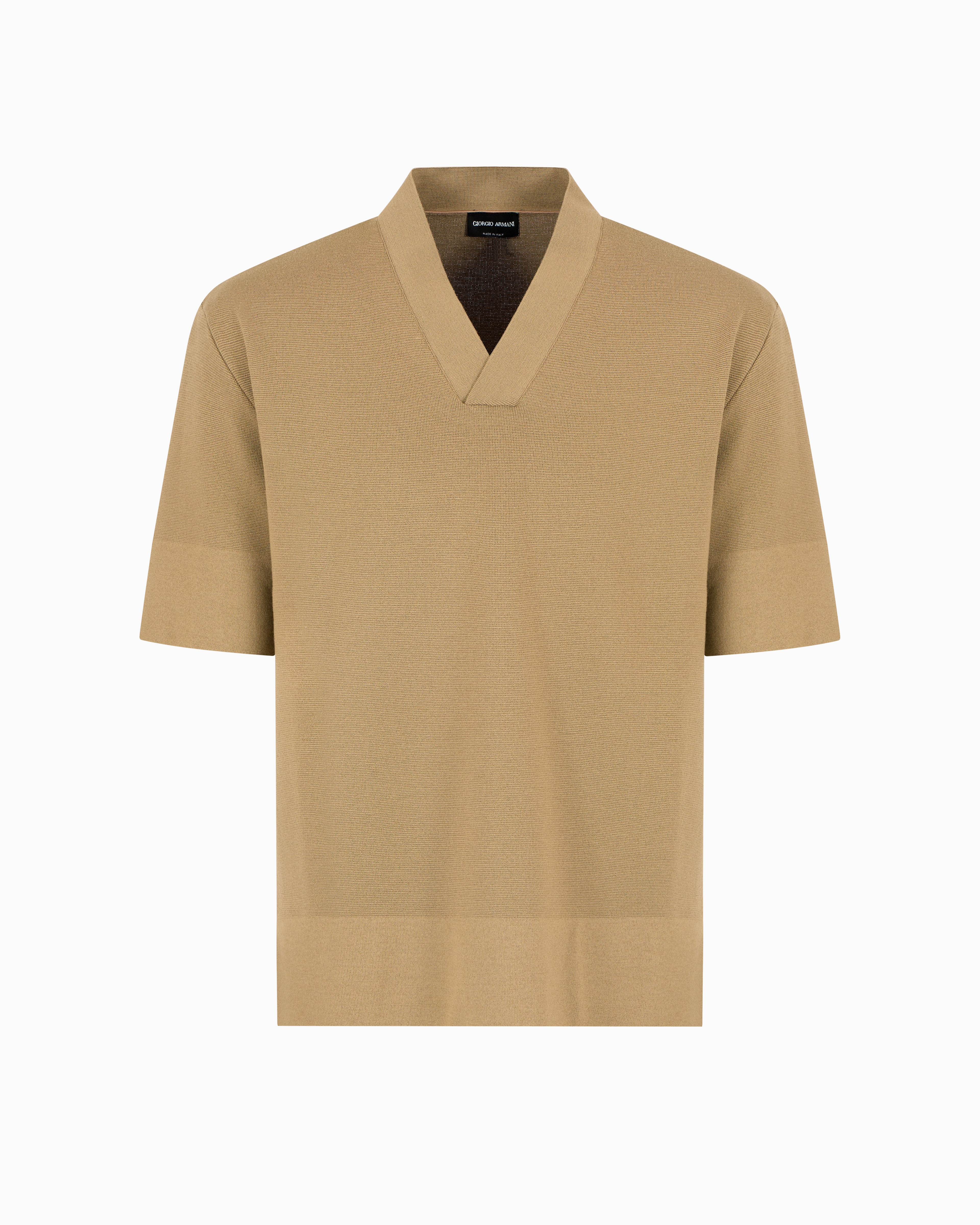 Giorgio Armani Short-sleeved V-neck Jumper In Virgin Wool In Beige