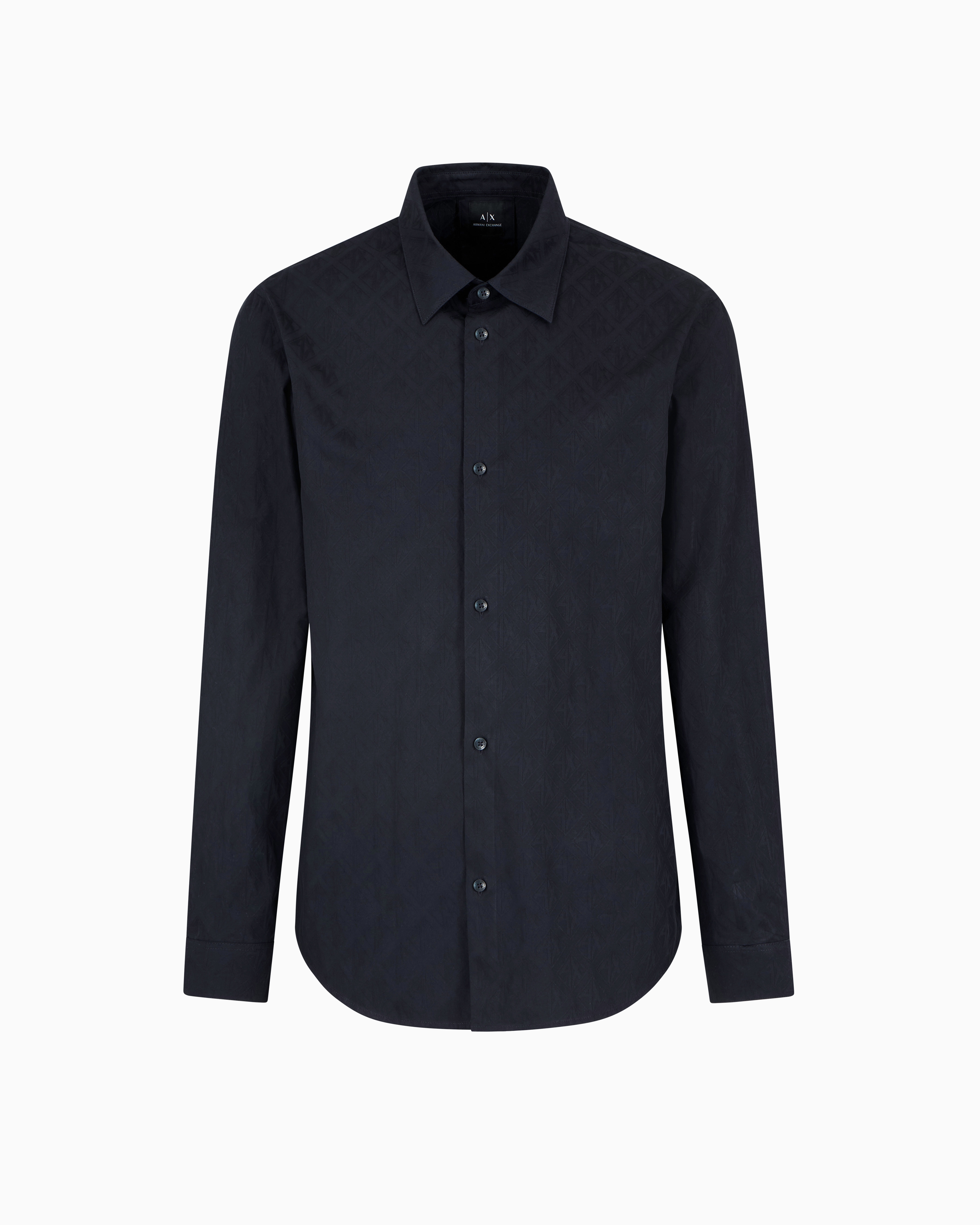 Armani Exchange Regular Fit Cotton Shirt With Allover Logo In Tone In Navy Blue
