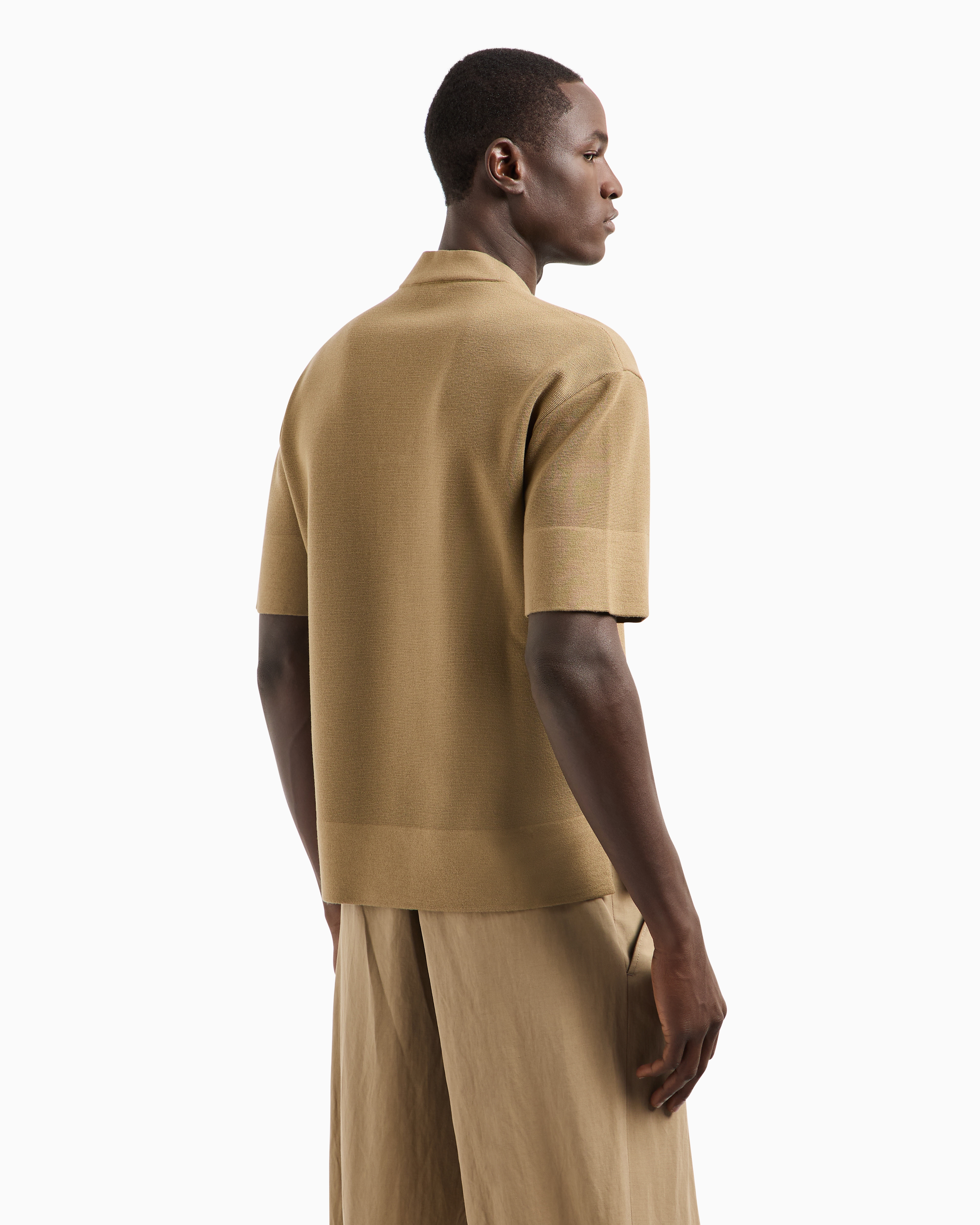Giorgio Armani Short-sleeved V-neck Jumper In Virgin Wool In Beige