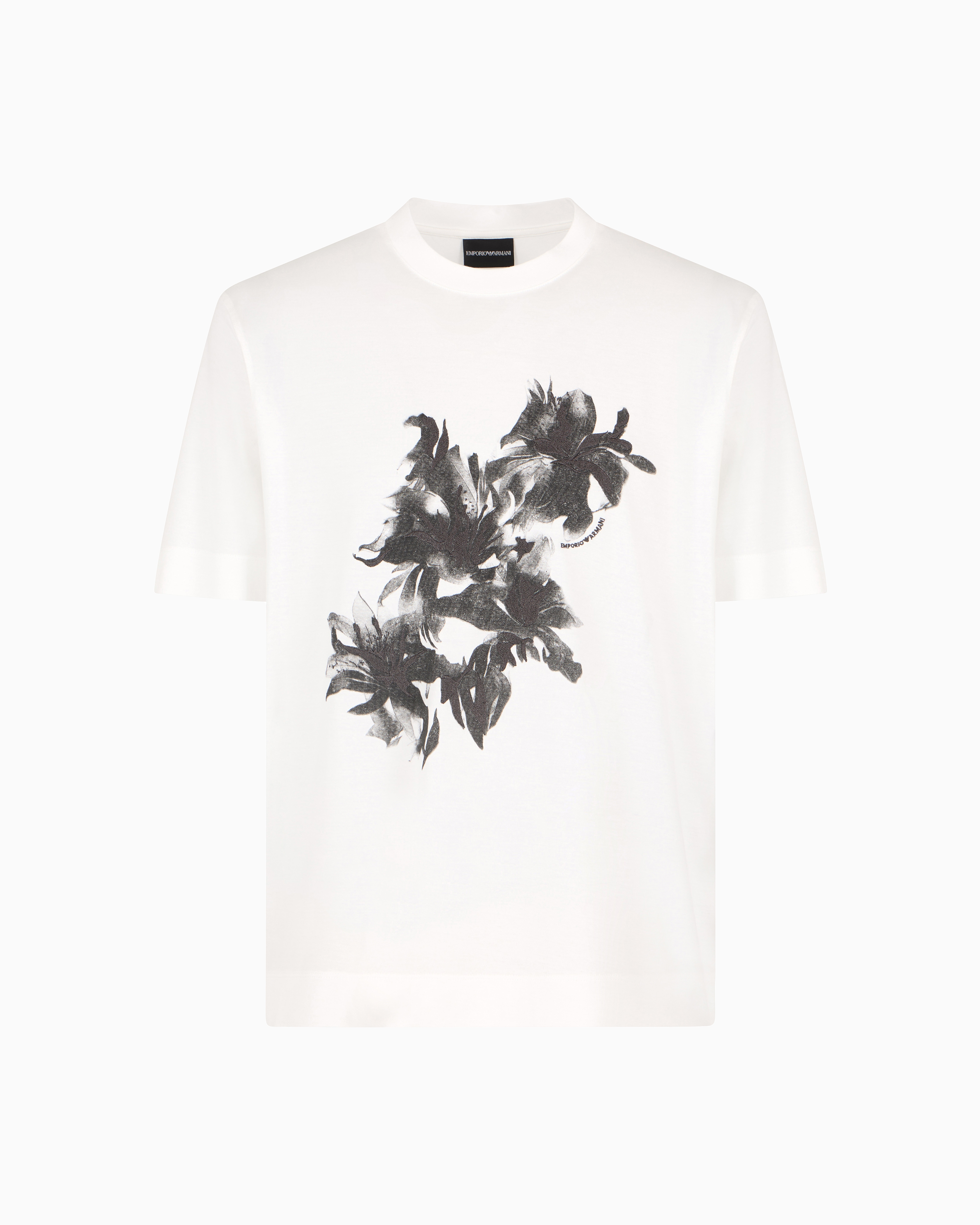 Emporio Armani Asv Lyocell-blend Jersey T-shirt With Print And Floral Embroidery In White