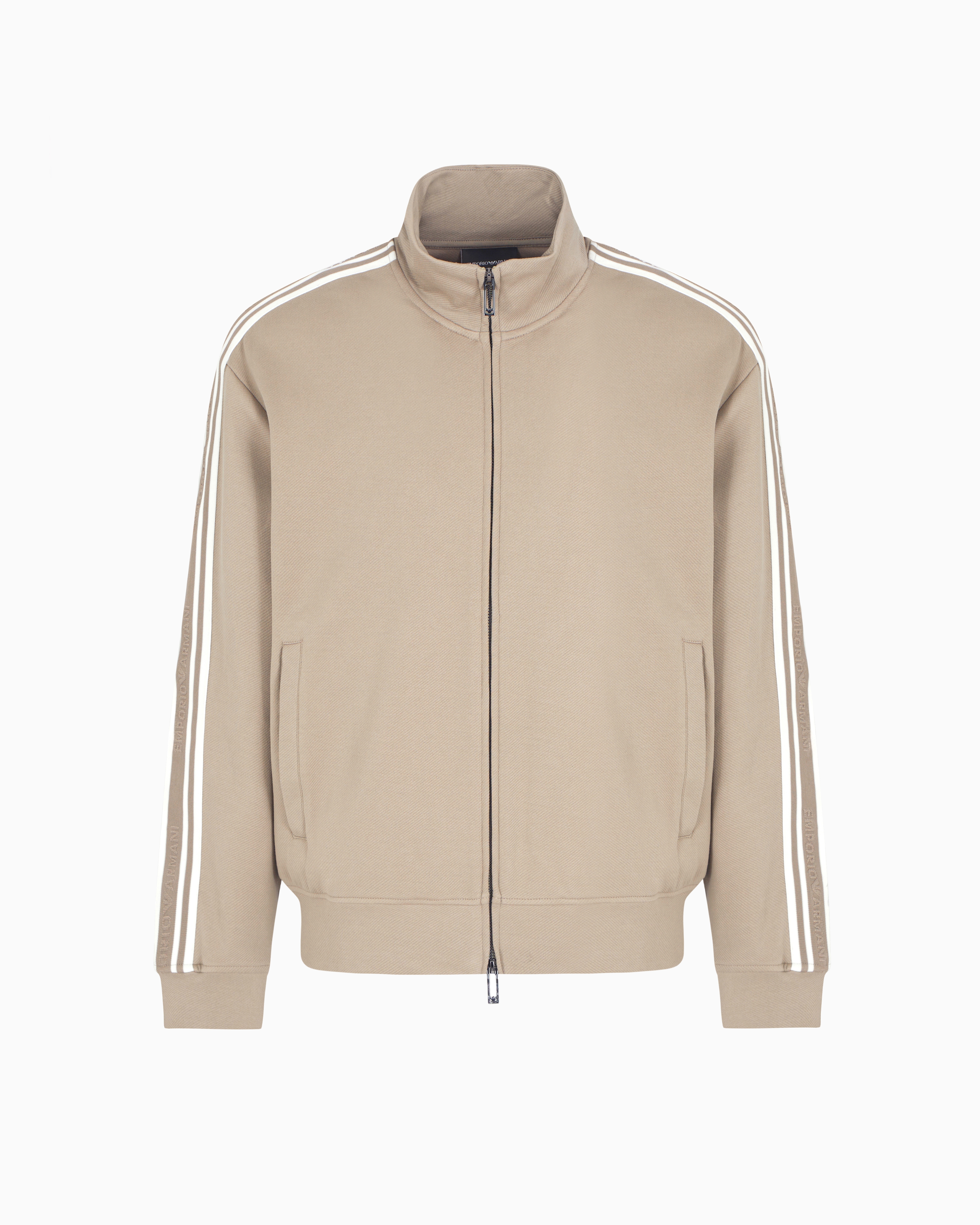 Emporio Armani Full-zip Sweatshirt In Jersey With Logo Bands In Beige