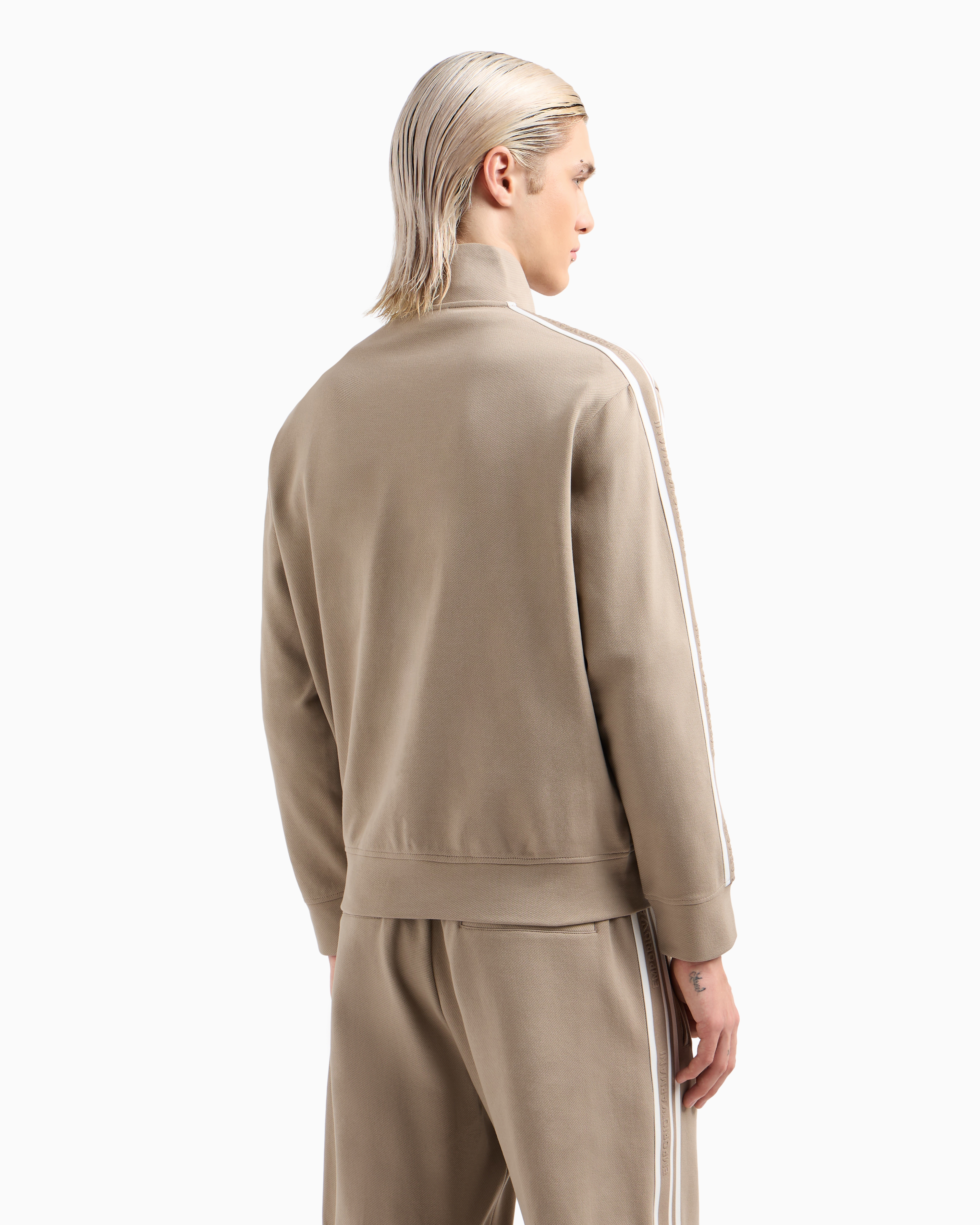 Emporio Armani Full-zip Sweatshirt In Jersey With Logo Bands In Beige