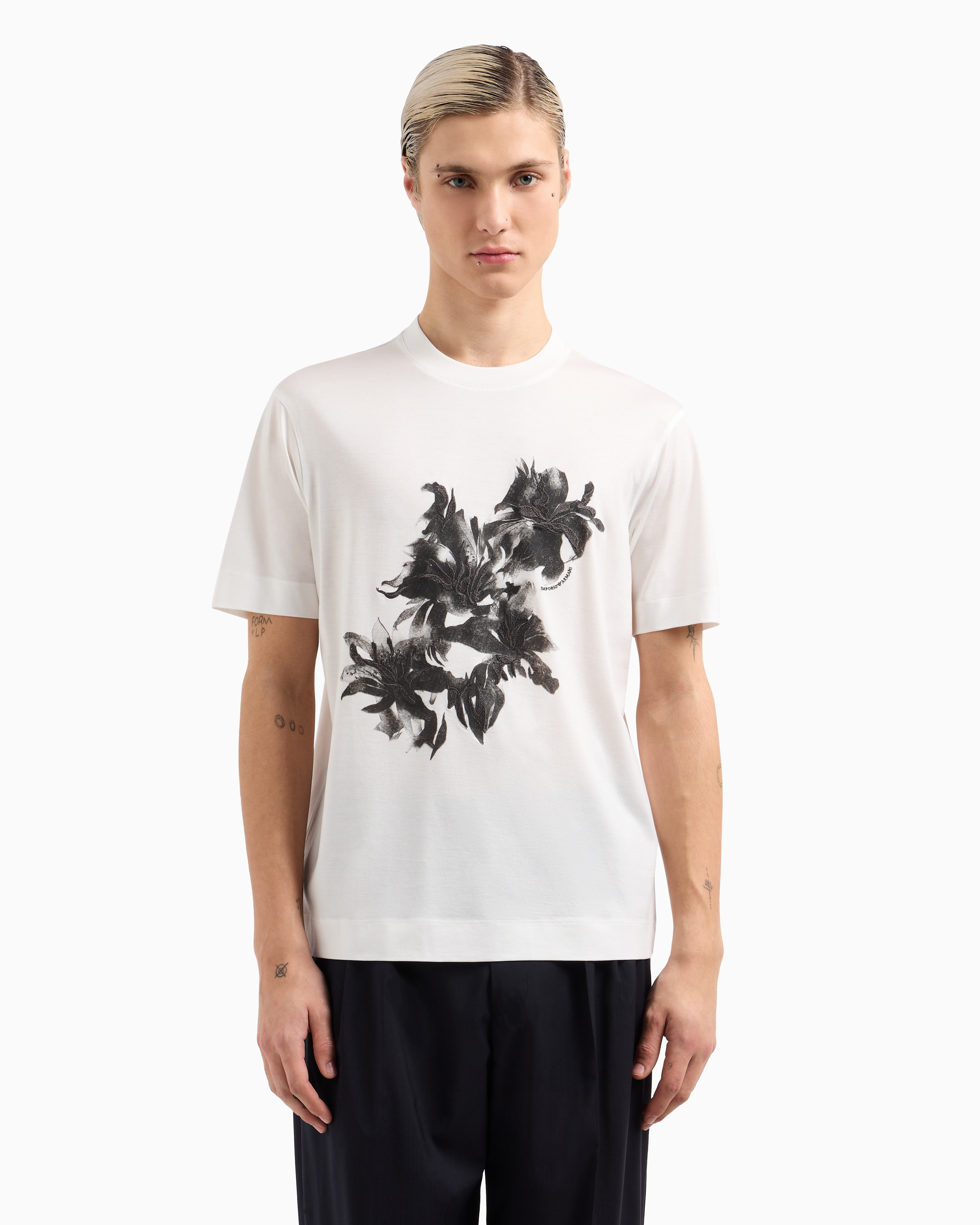 Emporio Armani Asv Lyocell-blend Jersey T-shirt With Print And Floral Embroidery In White