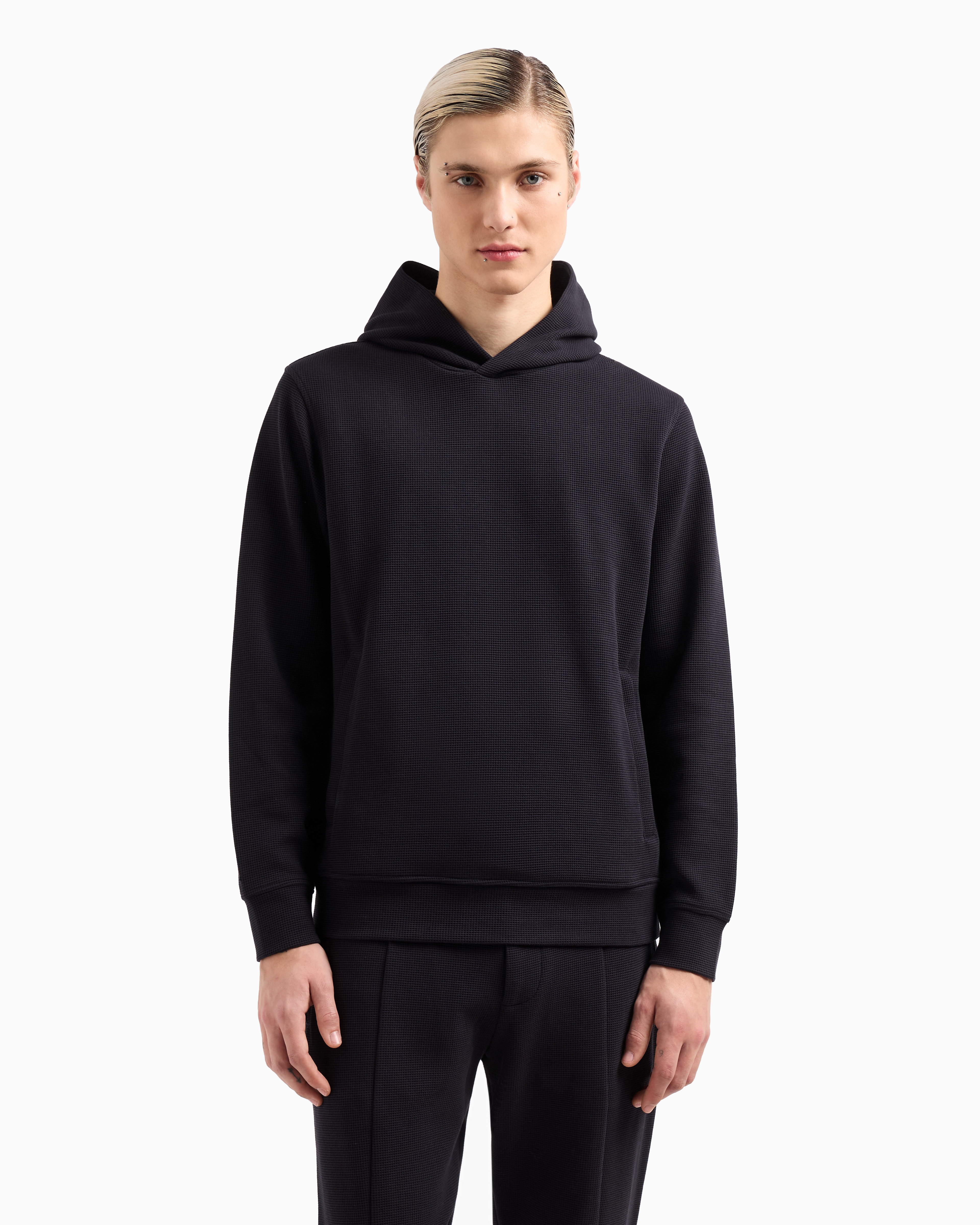 Emporio Armani Travel Essentials Waffle Jersey Hooded Sweatshirt In Navy Blue