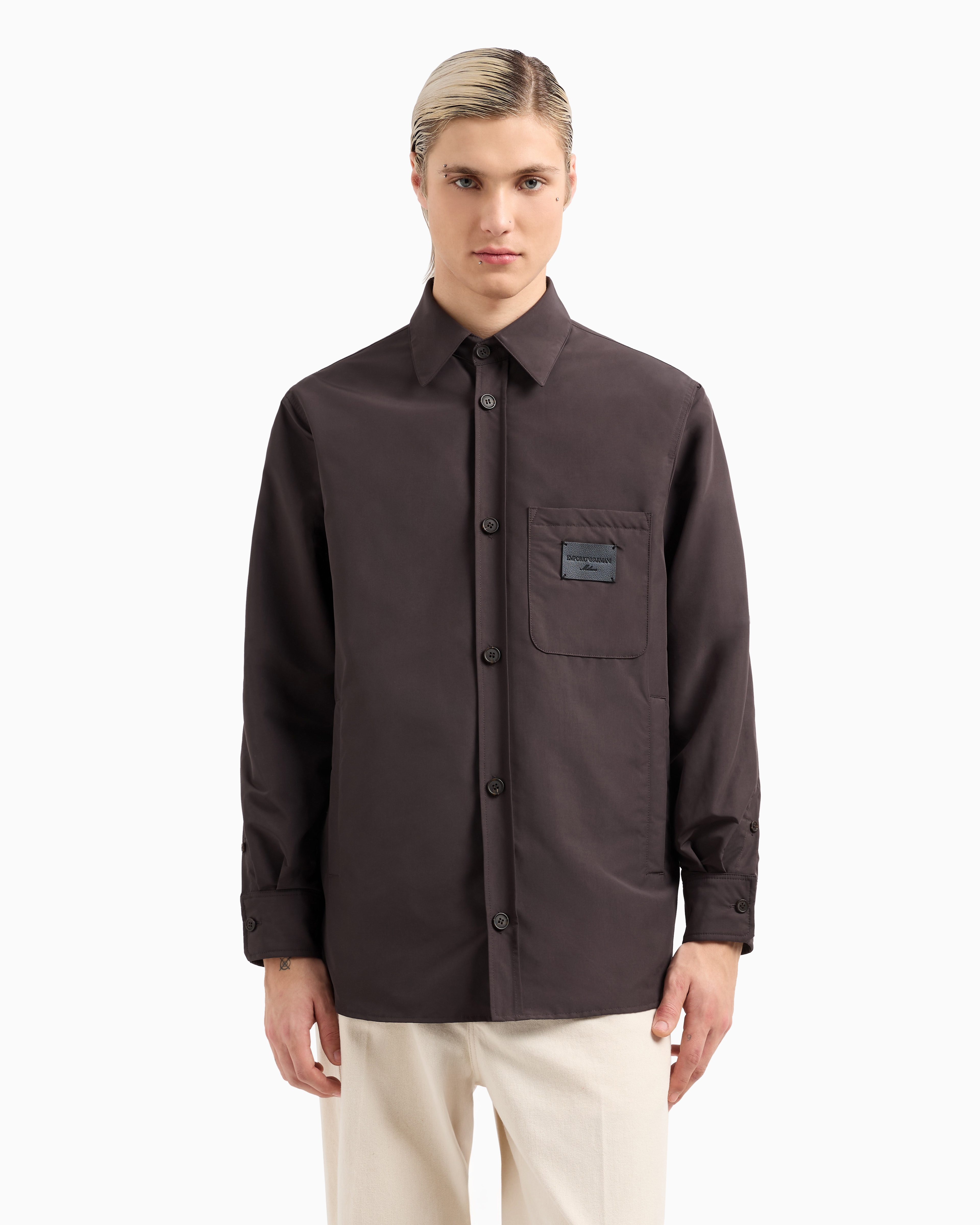 Emporio Armani Nylon Shirt Jacket With Patch Pocket And Logo Patch In Grey