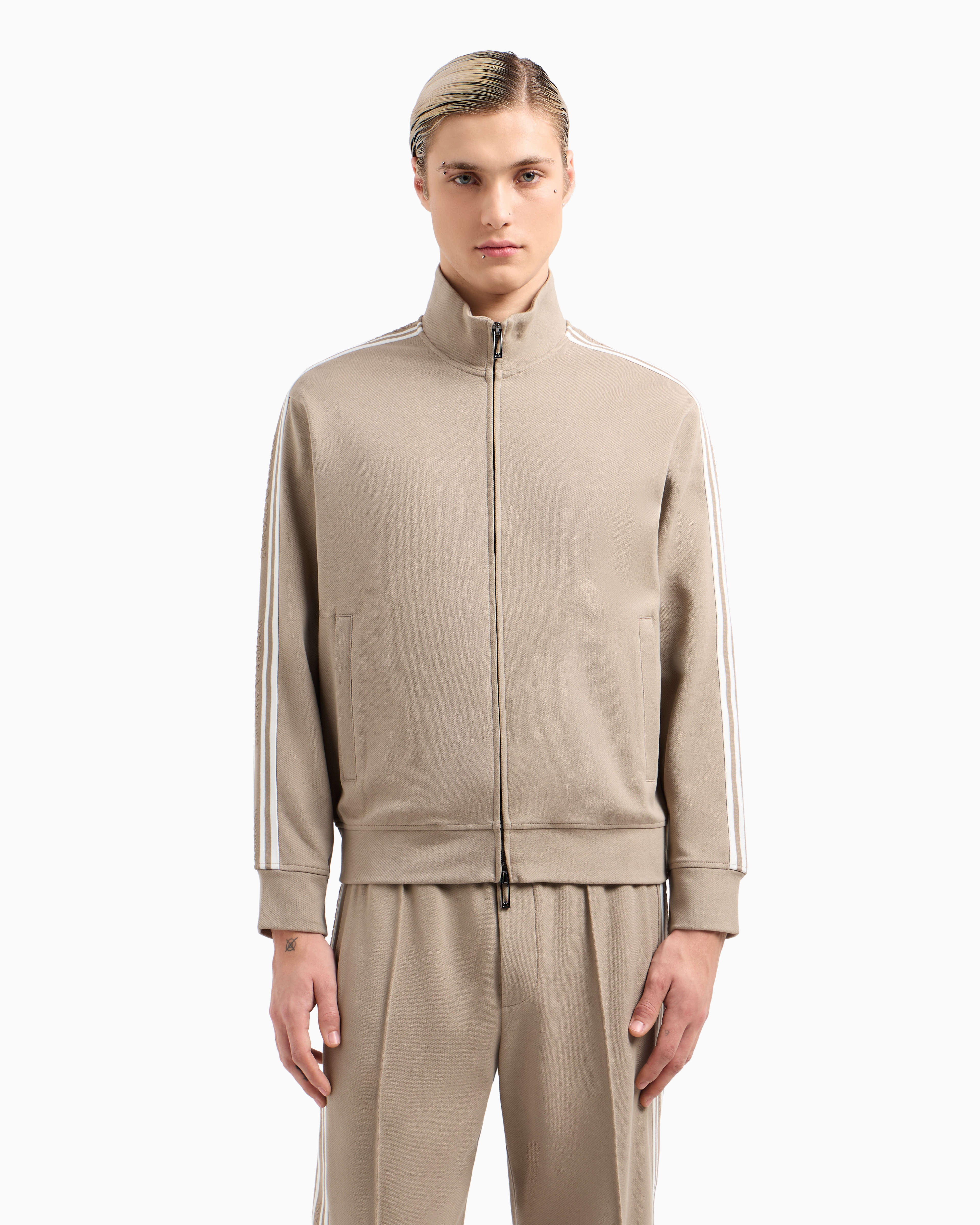 Emporio Armani Full-zip Sweatshirt In Jersey With Logo Bands In Beige