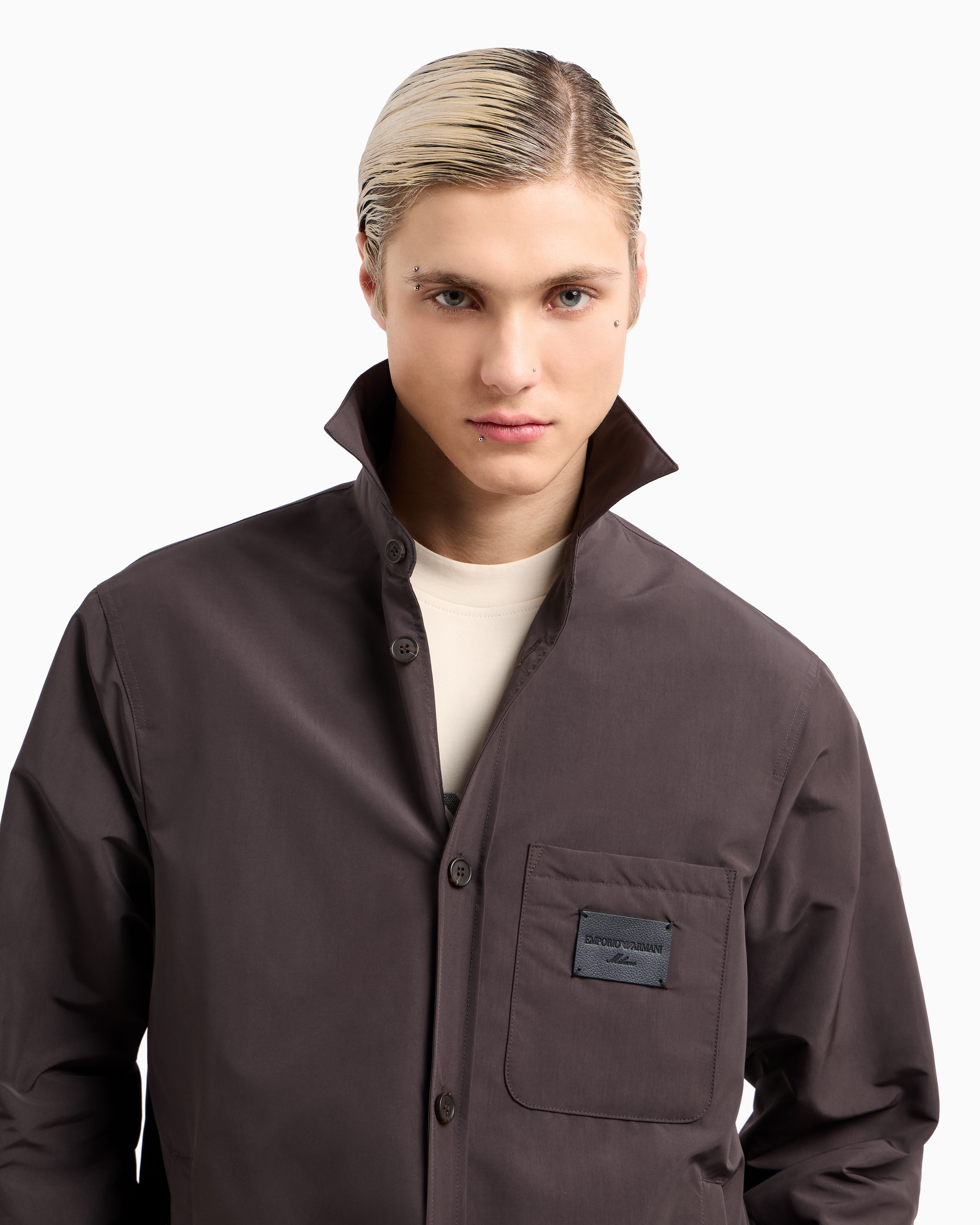 Emporio Armani Nylon Shirt Jacket With Patch Pocket And Logo Patch In Grey