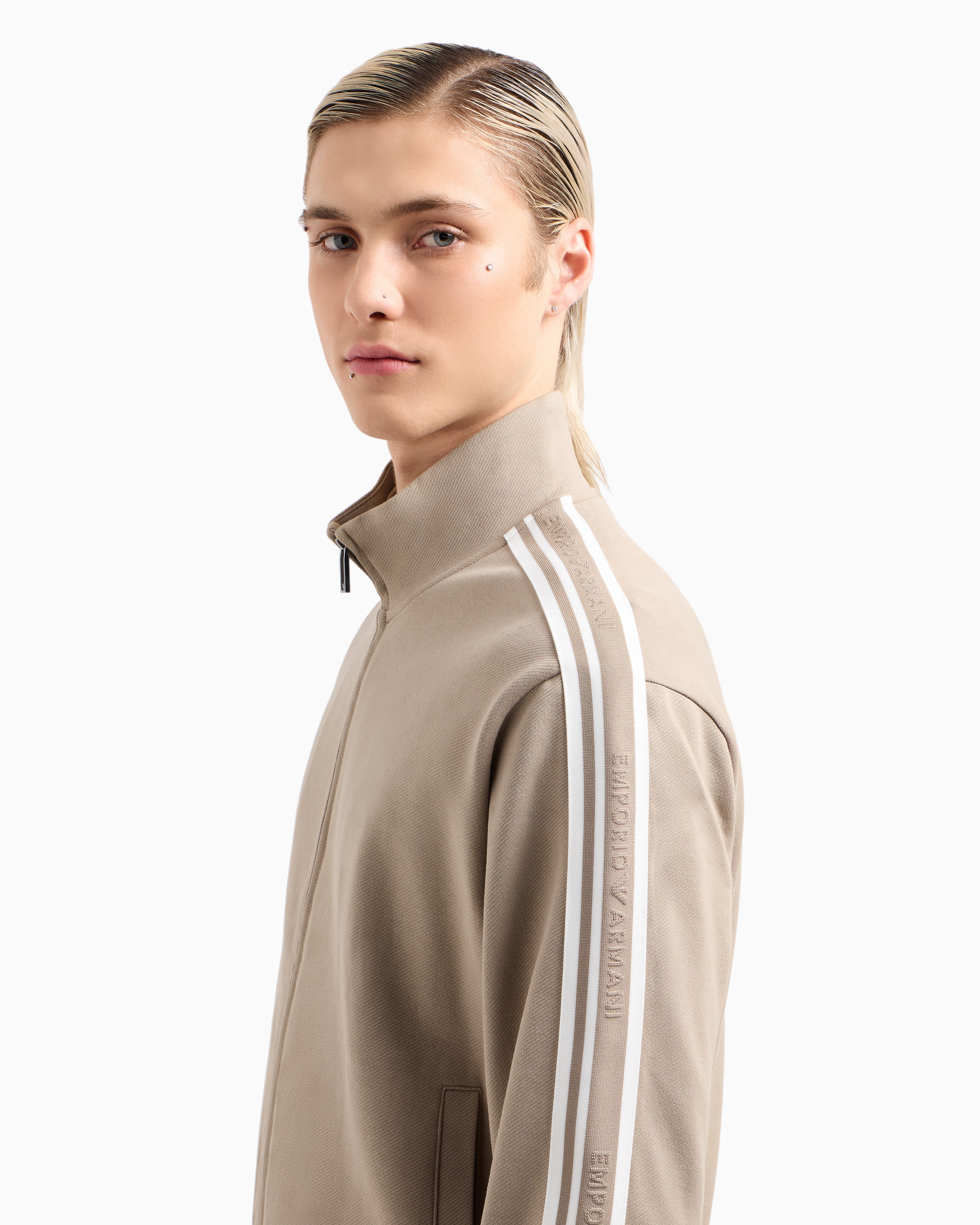Emporio Armani Full-zip Sweatshirt In Jersey With Logo Bands In Beige