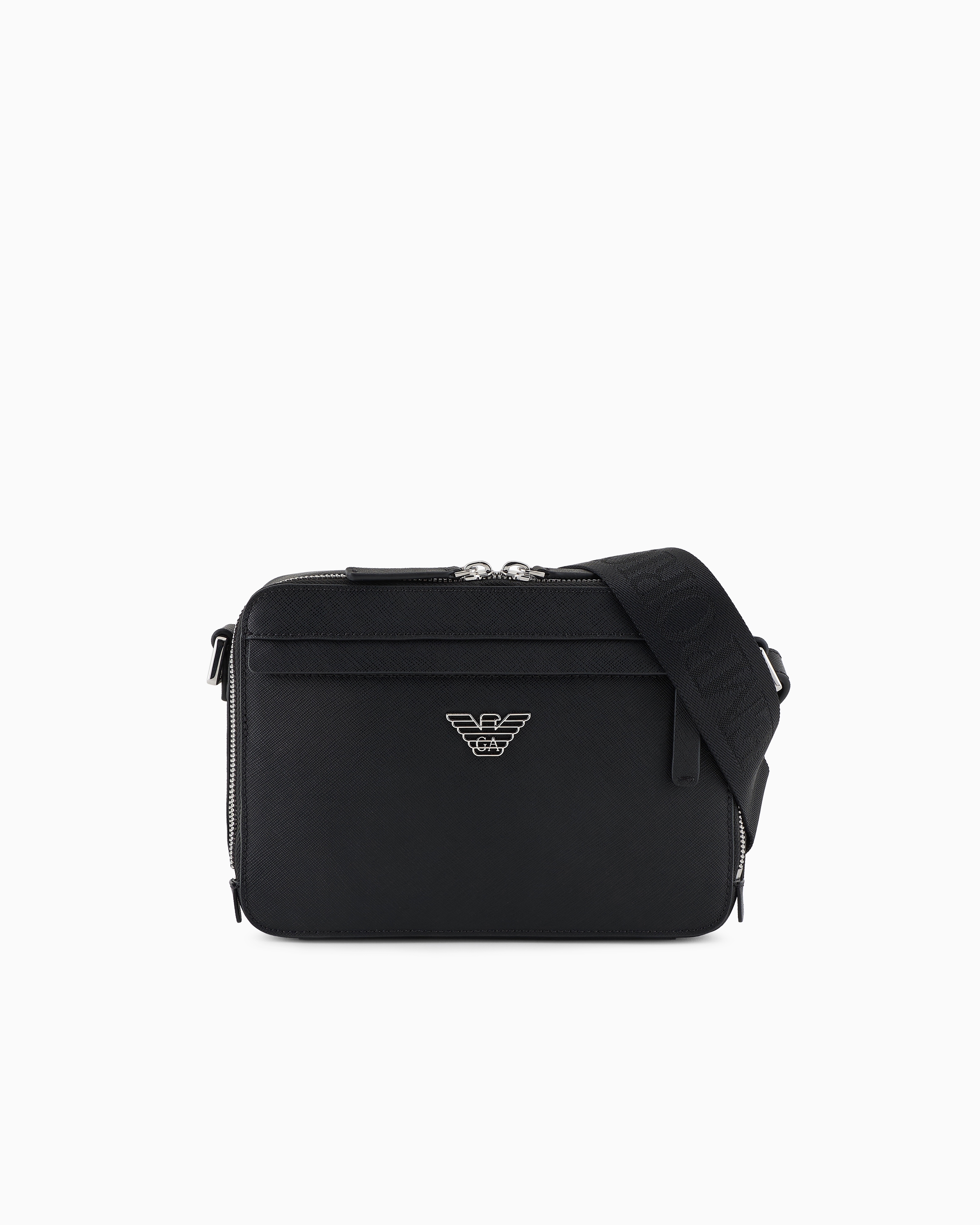 EMPORIO ARMANI ASV REGENERATED SAFFIANO LEATHER MINI CAMERA BAG WITH EAGLE PLATE