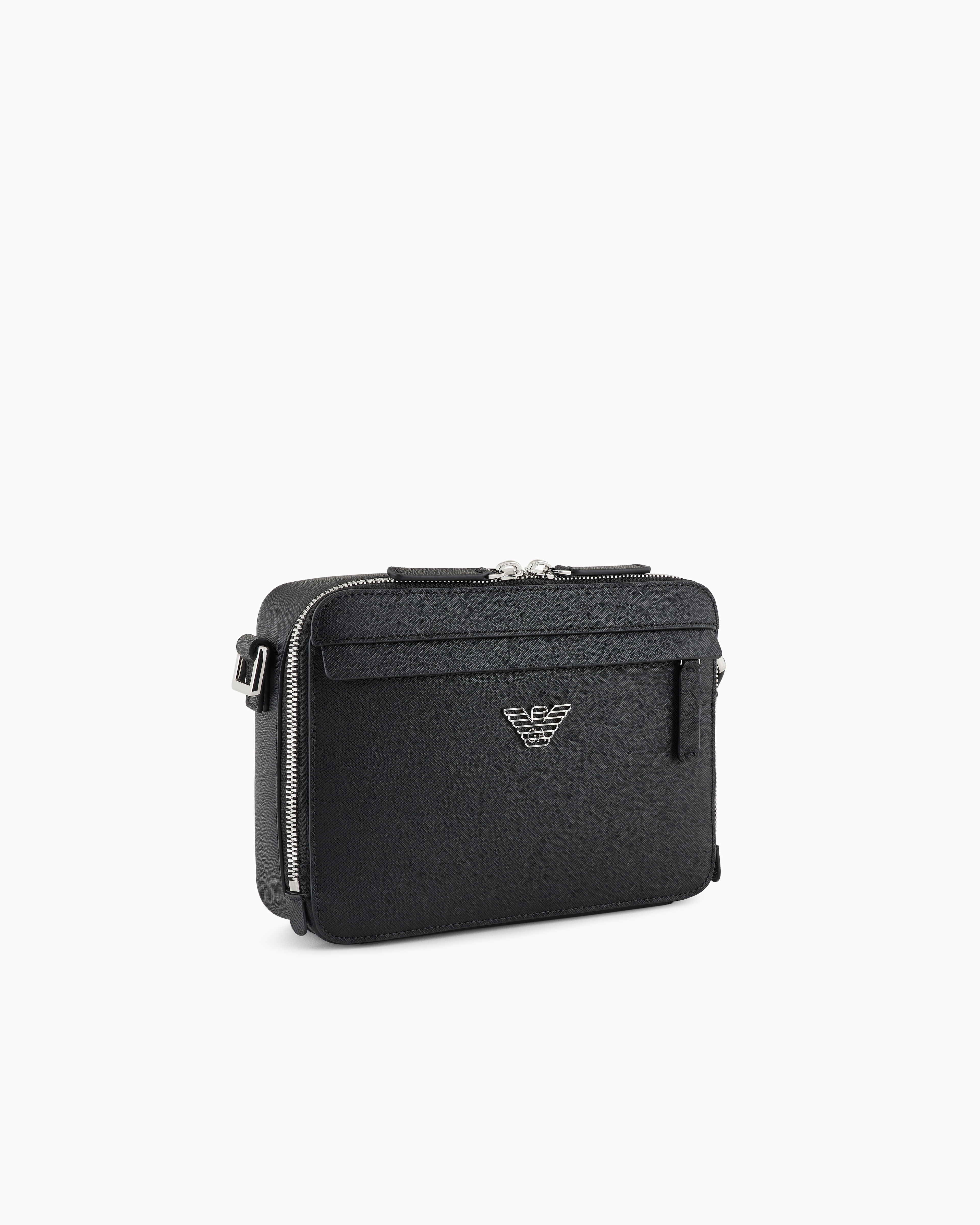 EMPORIO ARMANI ASV REGENERATED SAFFIANO LEATHER MINI CAMERA BAG WITH EAGLE PLATE