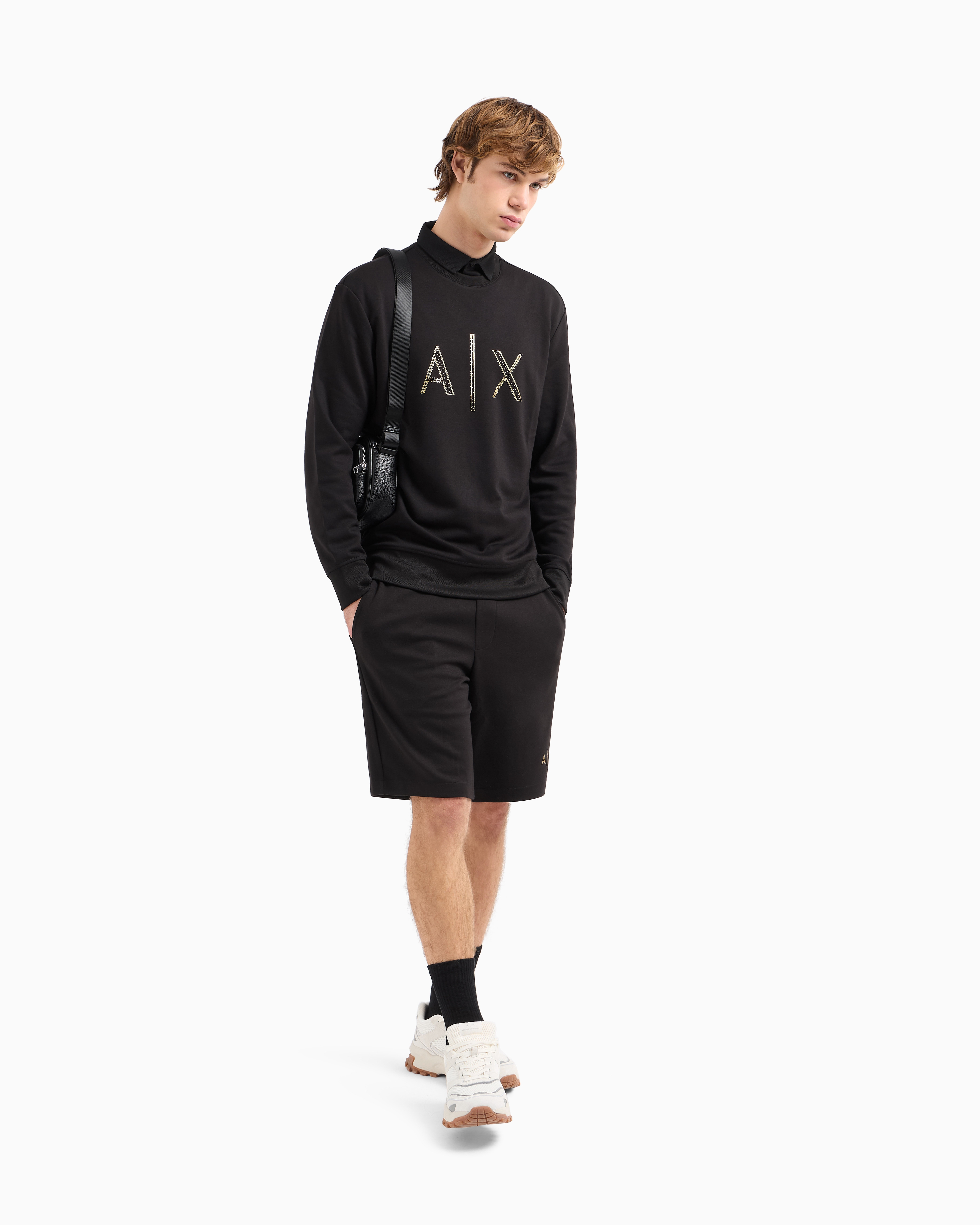 Armani Exchange Crewneck Sweatshirt With Gold Rhinestone Logo In Black