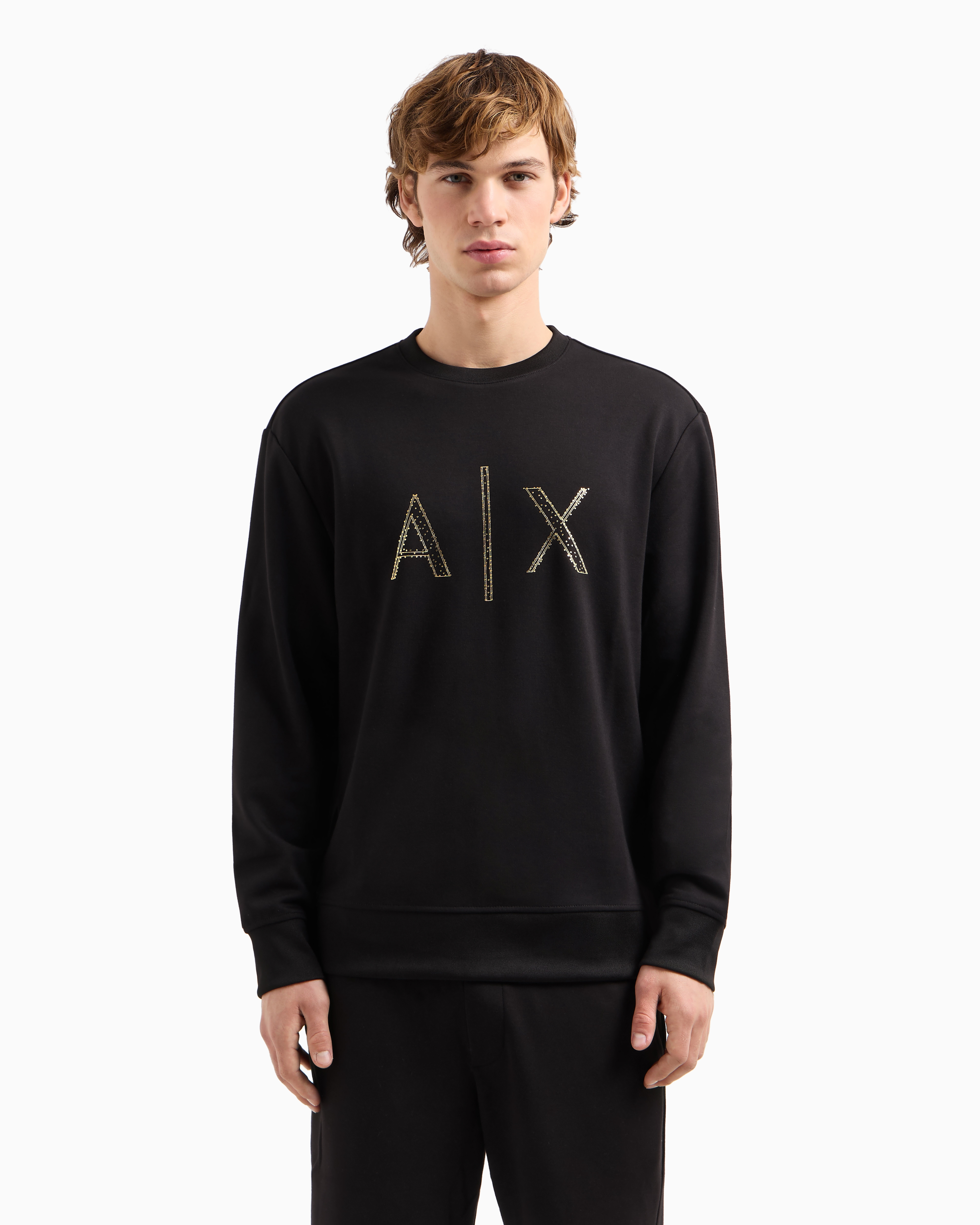 Armani Exchange Crewneck Sweatshirt With Gold Rhinestone Logo In Black