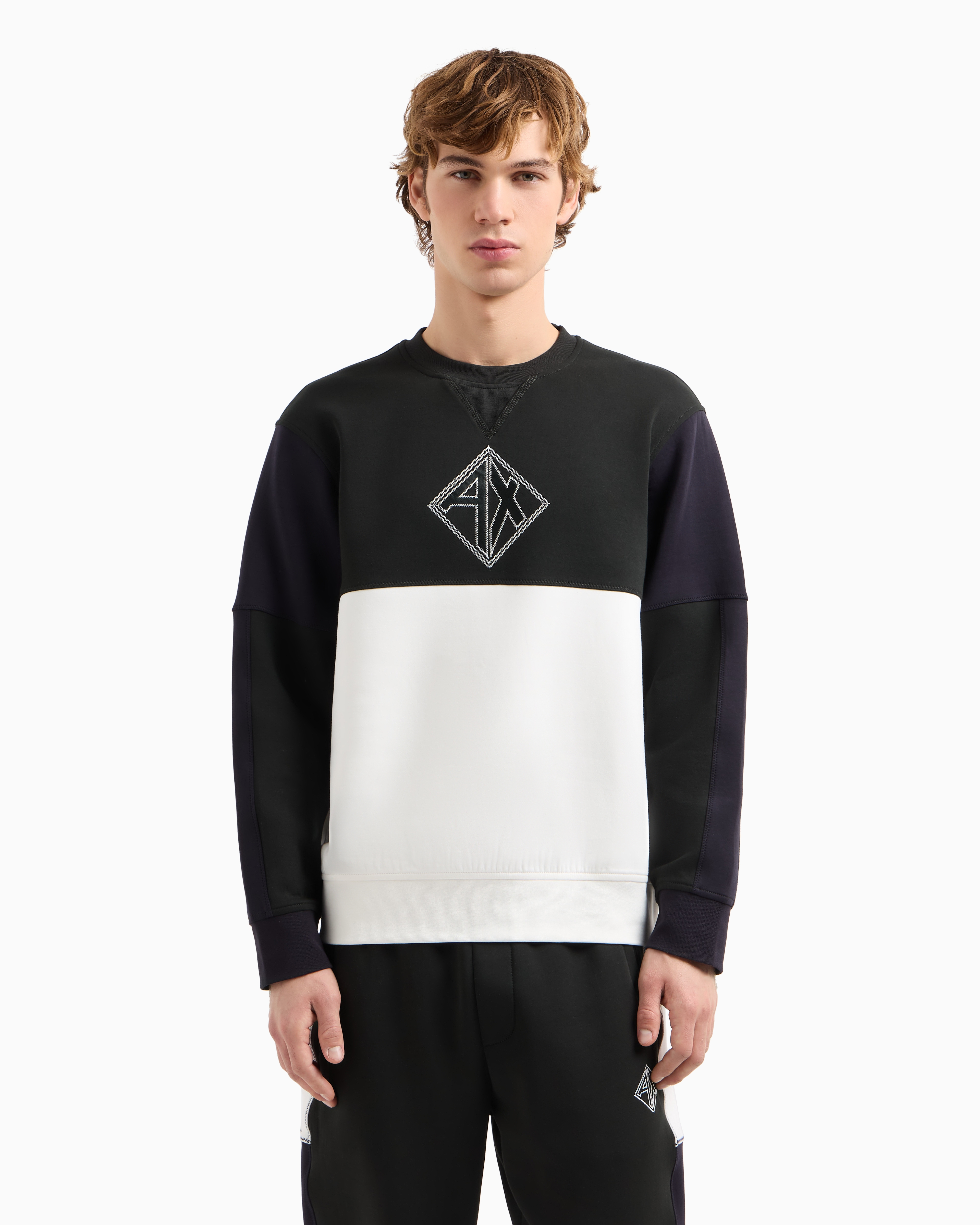 Armani Exchange Color Block Crewneck Sweatshirt With Logo In Green
