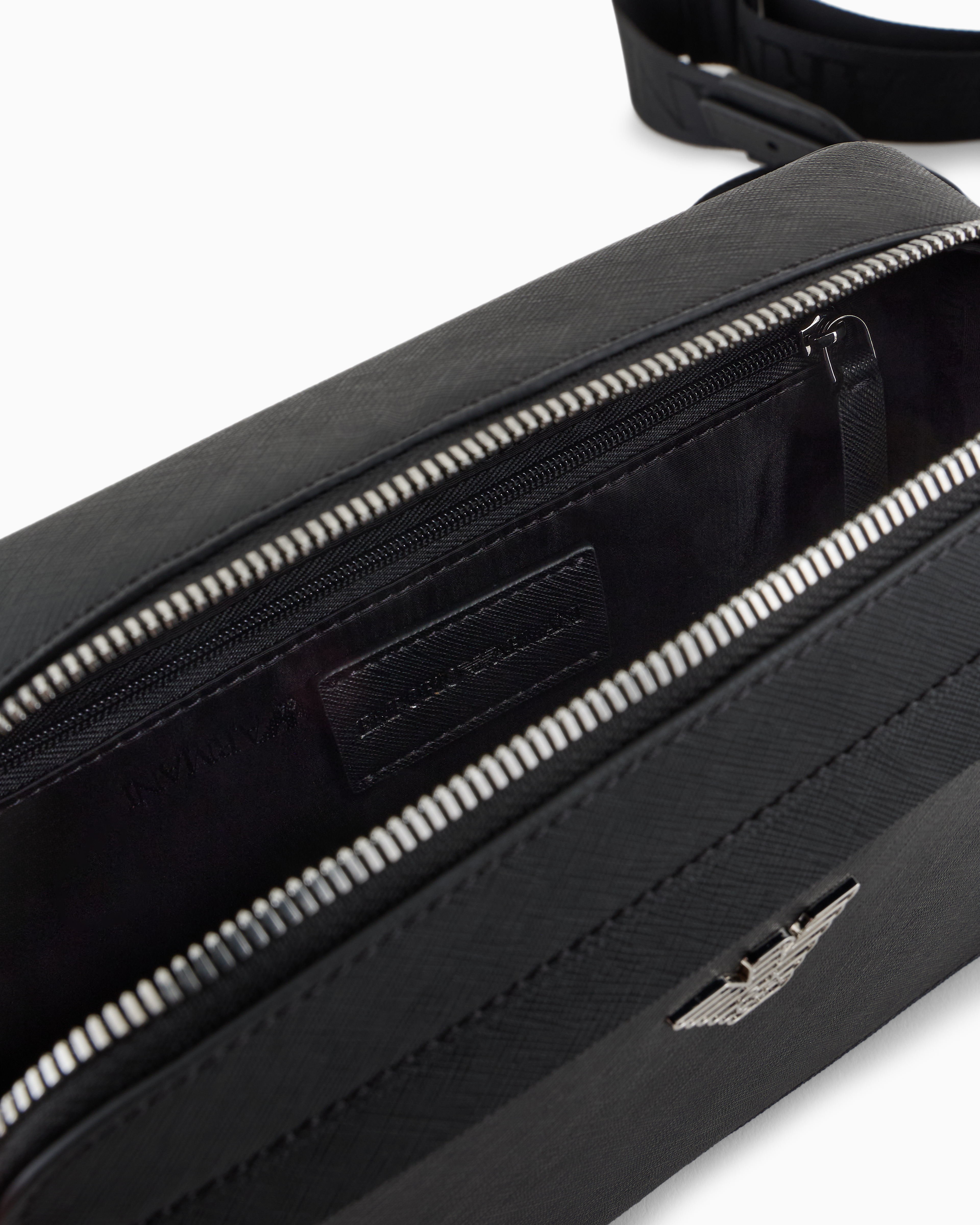 EMPORIO ARMANI ASV REGENERATED SAFFIANO LEATHER MINI CAMERA BAG WITH EAGLE PLATE