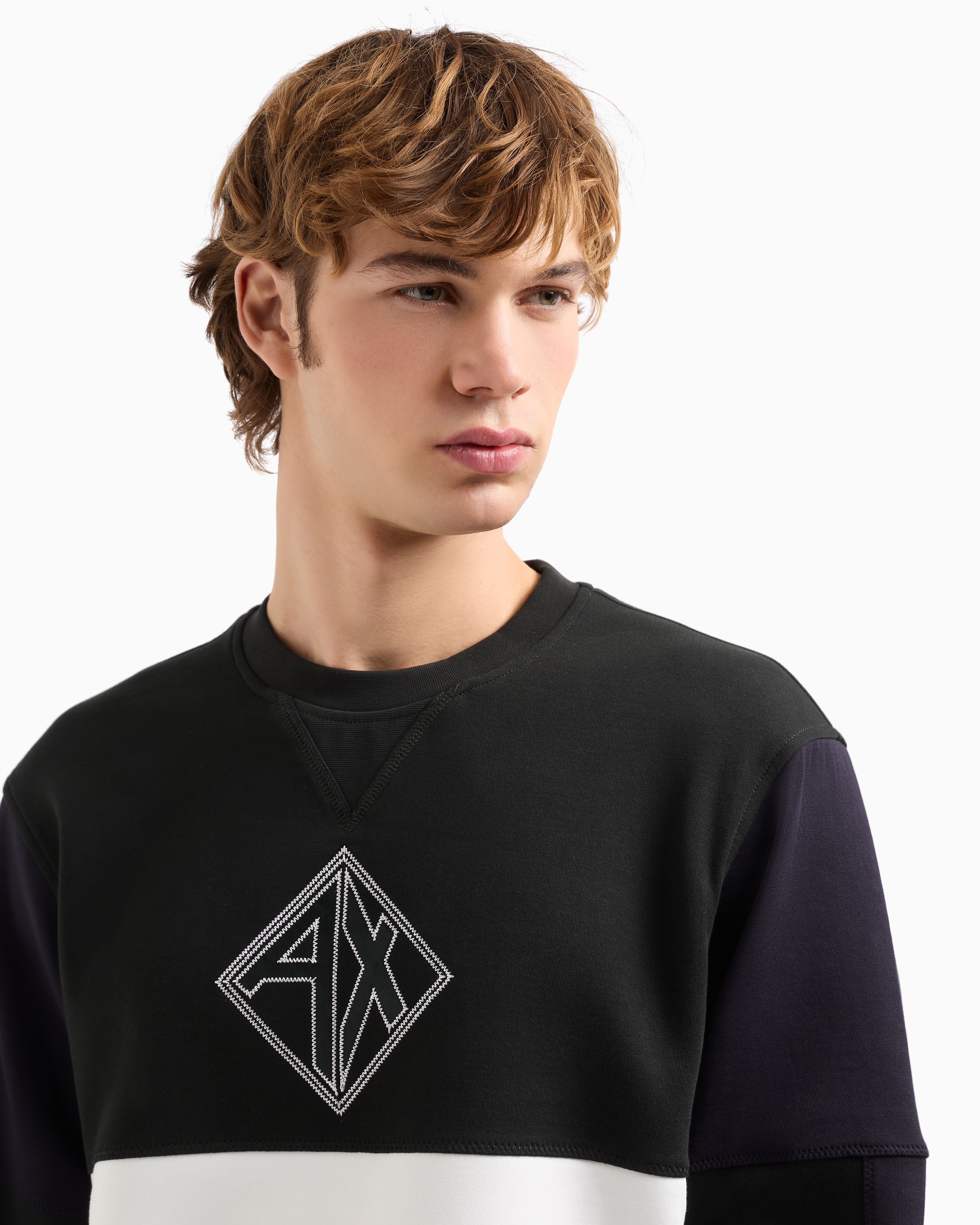 Armani Exchange Color Block Crewneck Sweatshirt With Logo In Green
