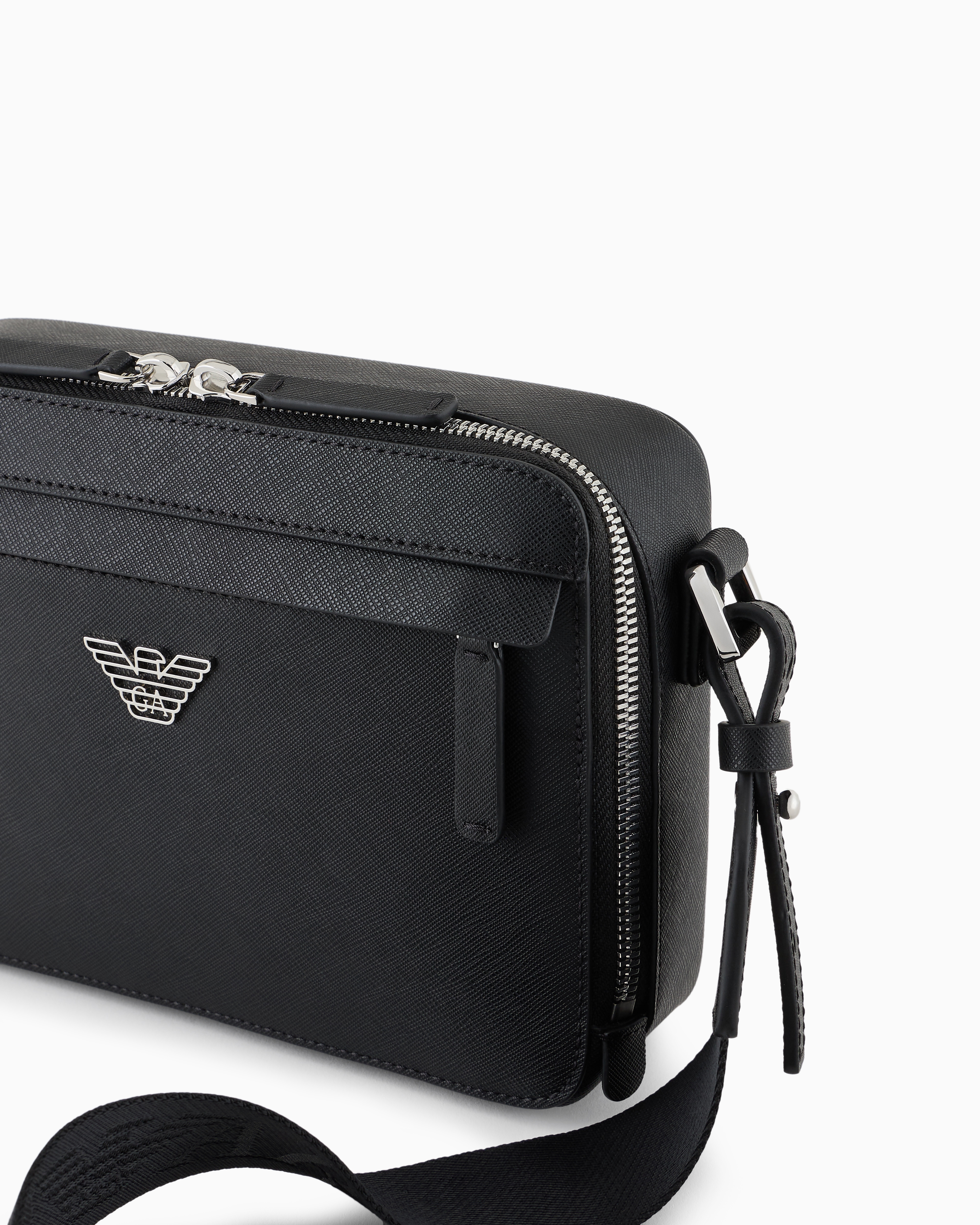 EMPORIO ARMANI ASV REGENERATED SAFFIANO LEATHER MINI CAMERA BAG WITH EAGLE PLATE