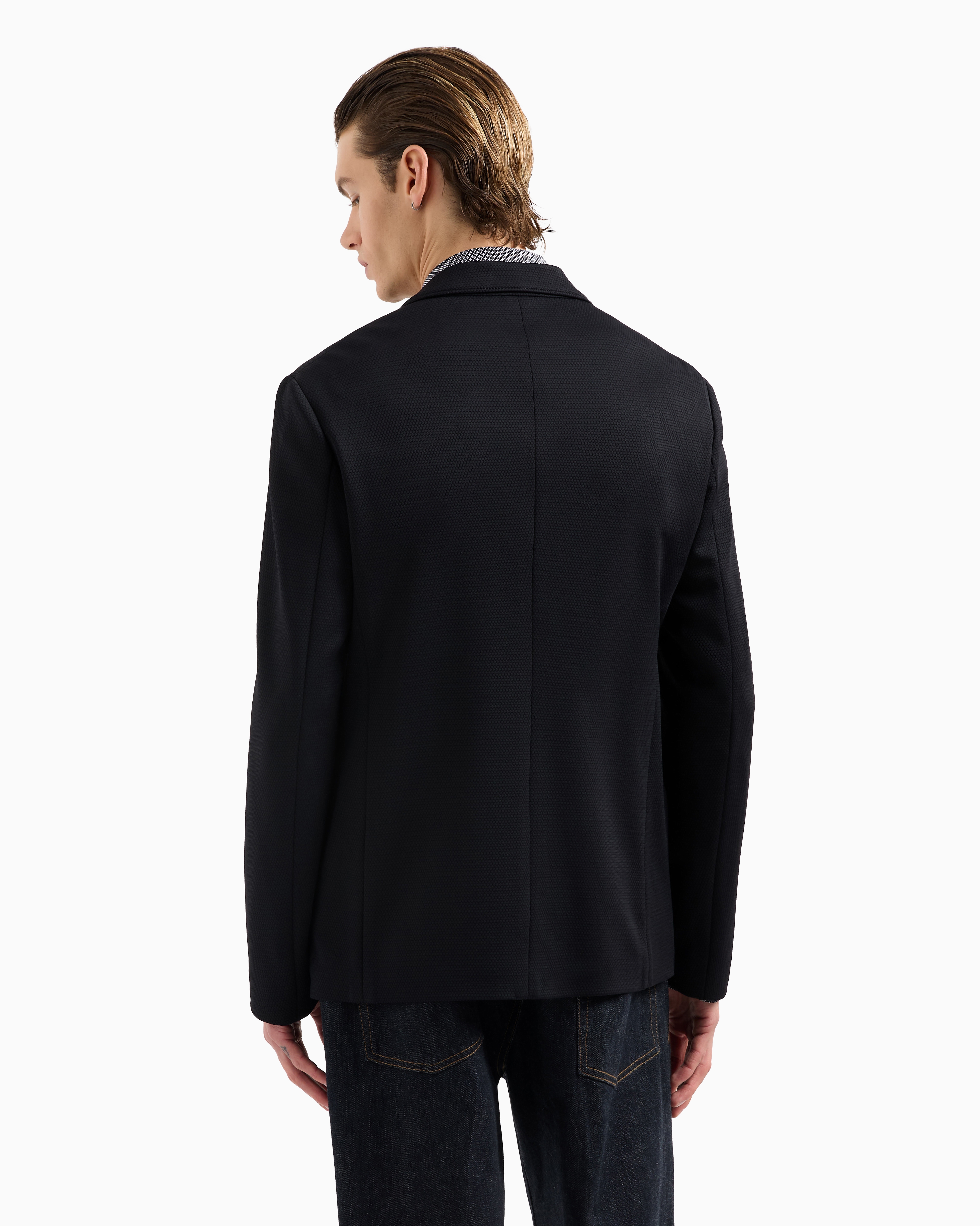 Emporio Armani Single-breasted Jacket In Stretch Piqué Technical Jersey In Black
