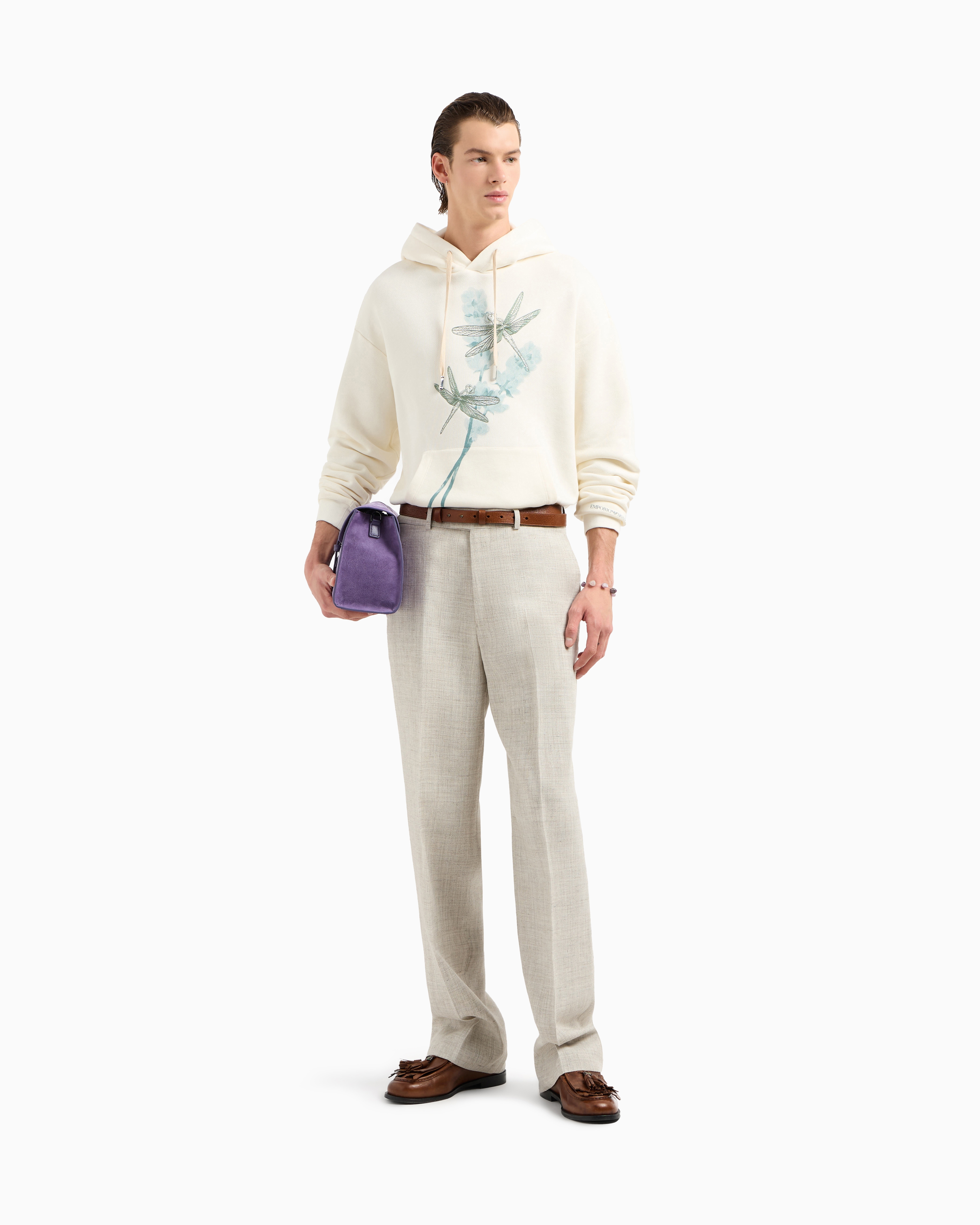 Emporio Armani Jersey Hooded Sweatshirt With Dragonfly Print And Embroidery In Weiss