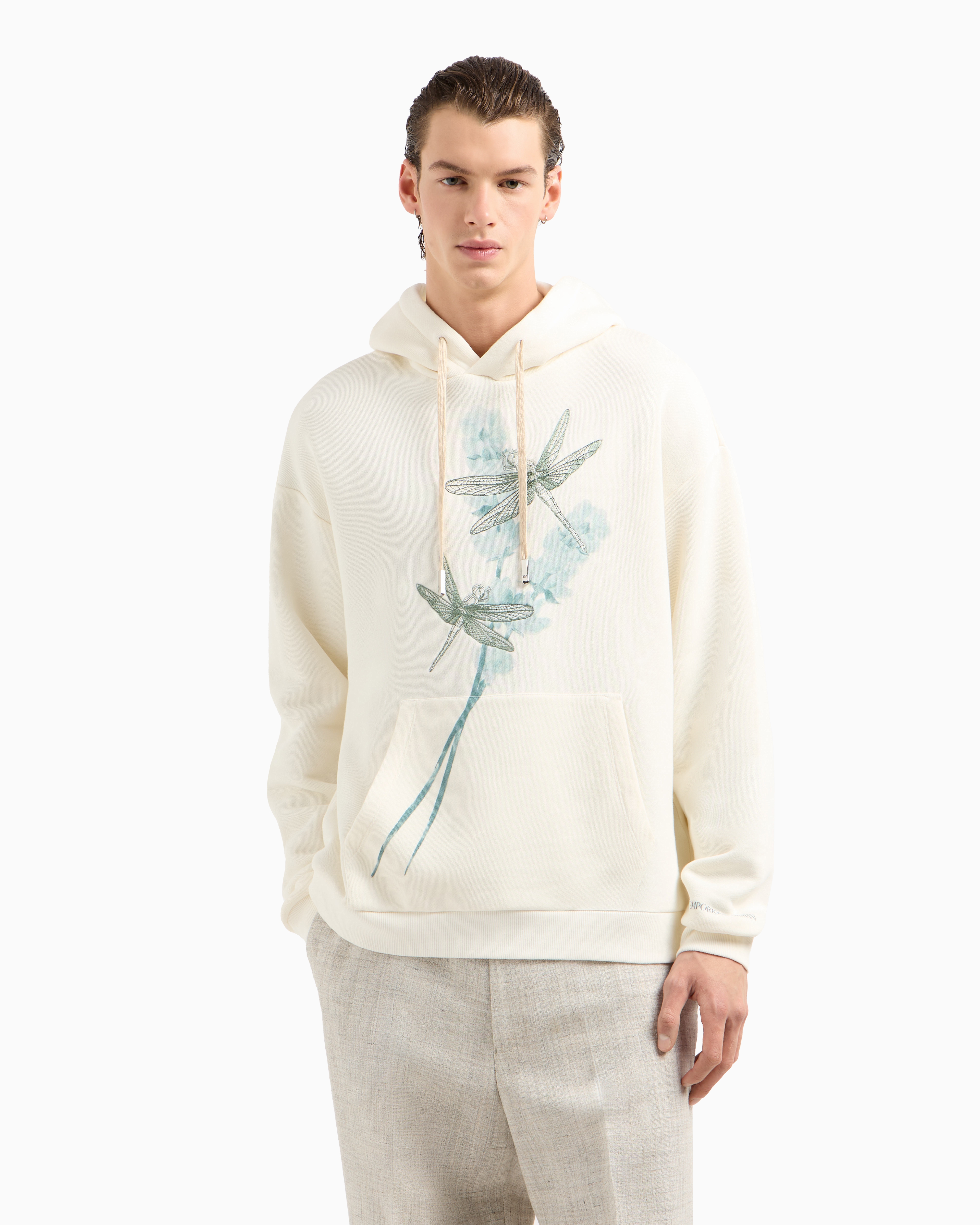 Emporio Armani Jersey Hooded Sweatshirt With Dragonfly Print And Embroidery In Weiss