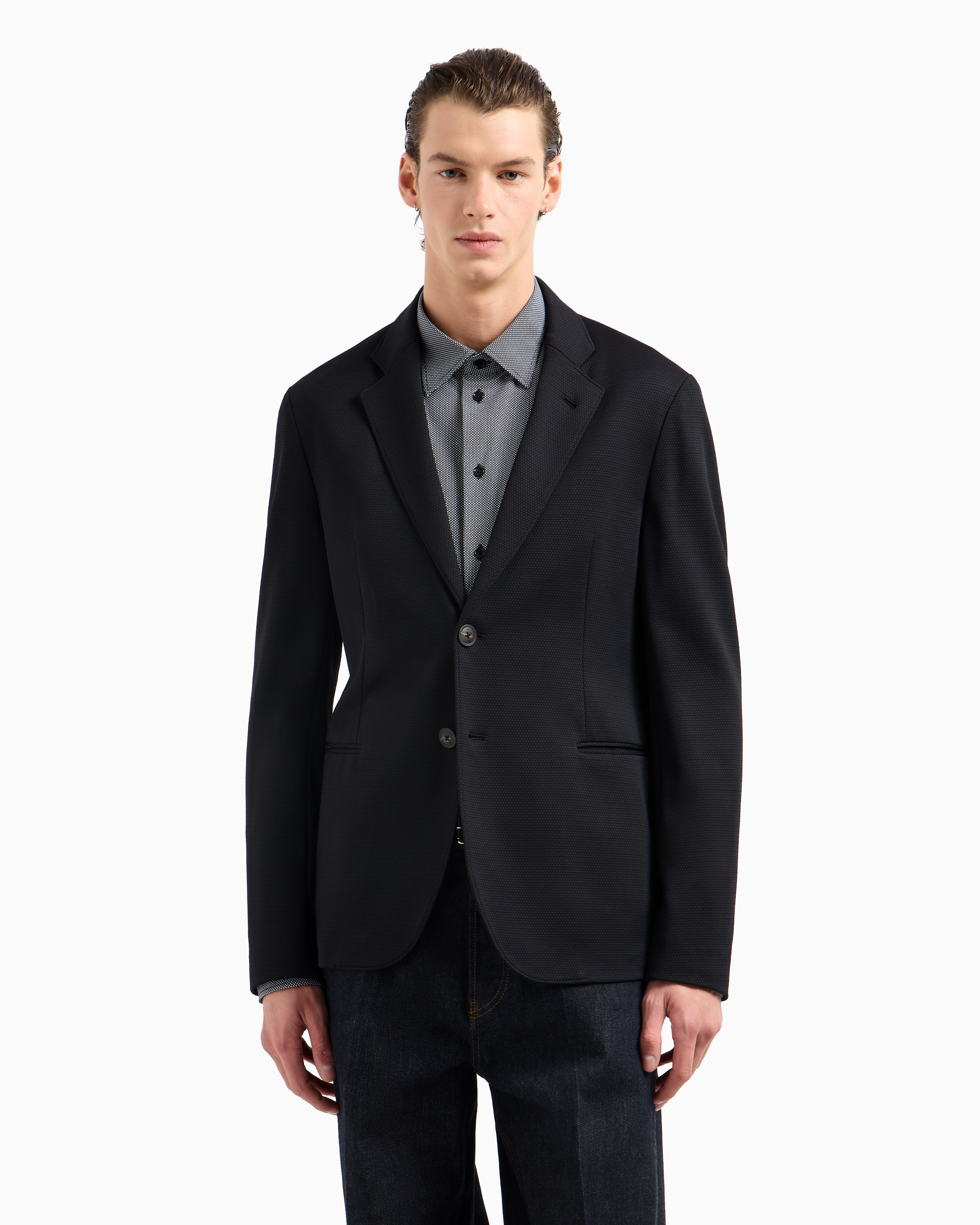 Emporio Armani Single-breasted Jacket In Stretch Piqué Technical Jersey In Black