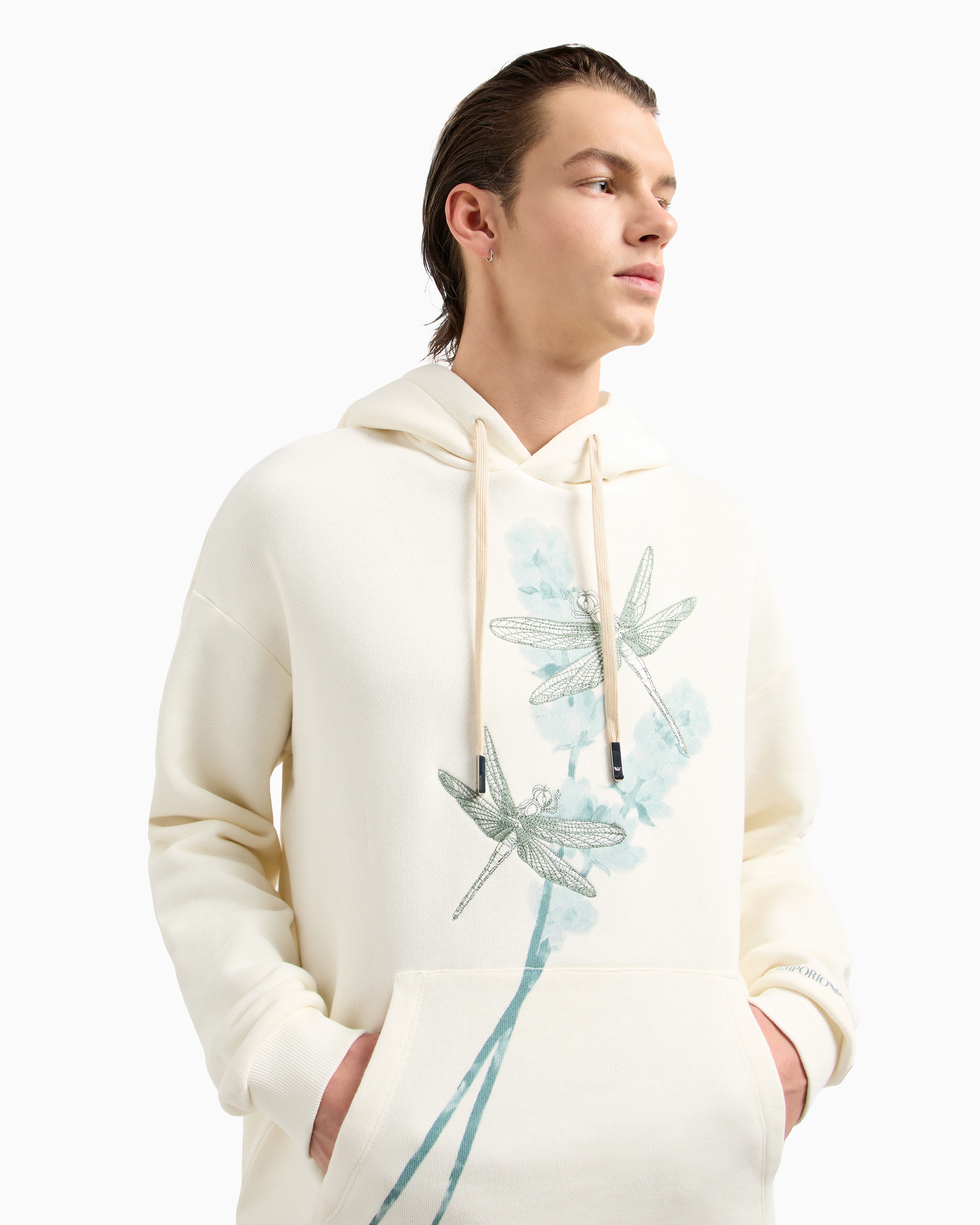Emporio Armani Jersey Hooded Sweatshirt With Dragonfly Print And Embroidery In Weiss