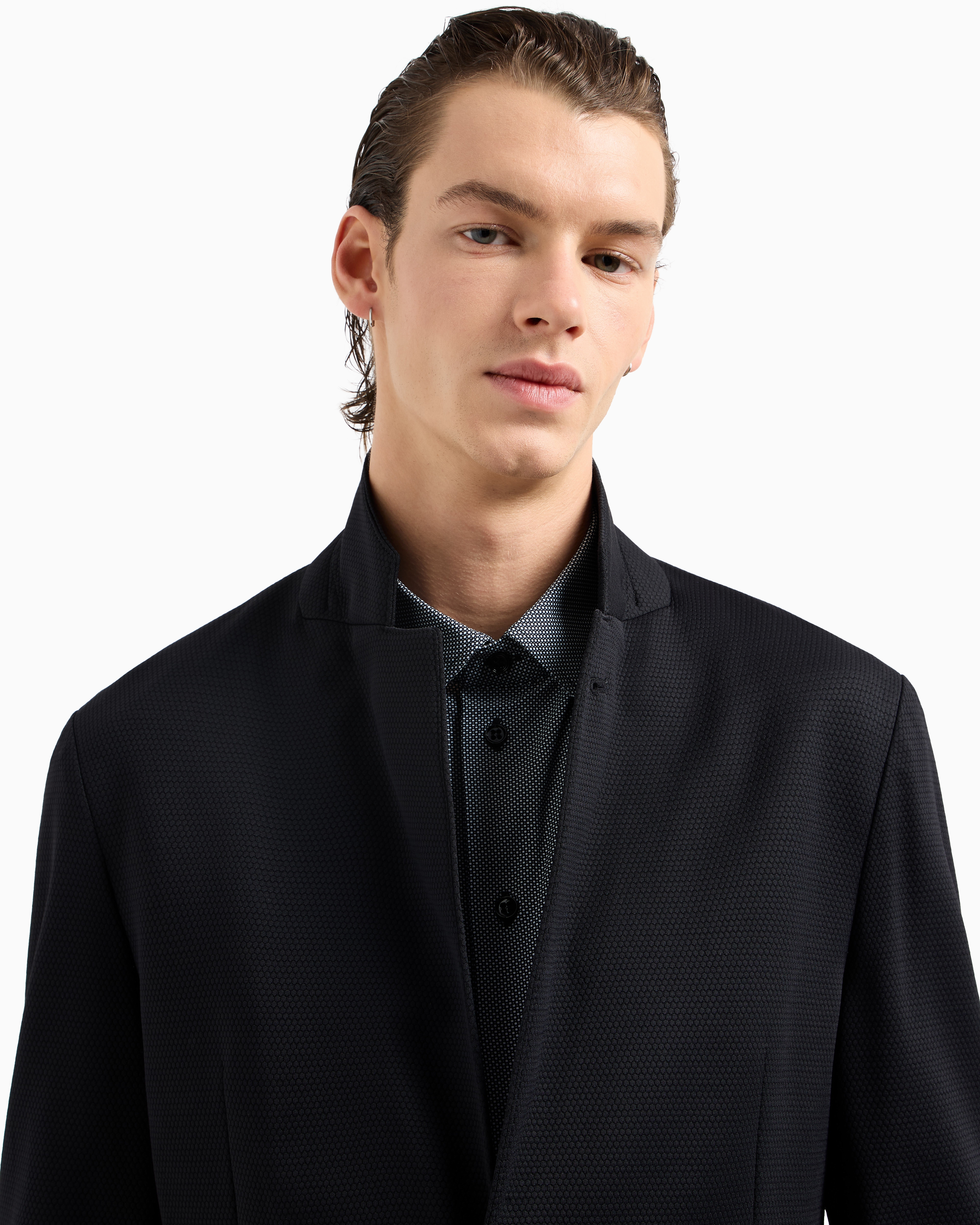 Emporio Armani Single-breasted Jacket In Stretch Piqué Technical Jersey In Black