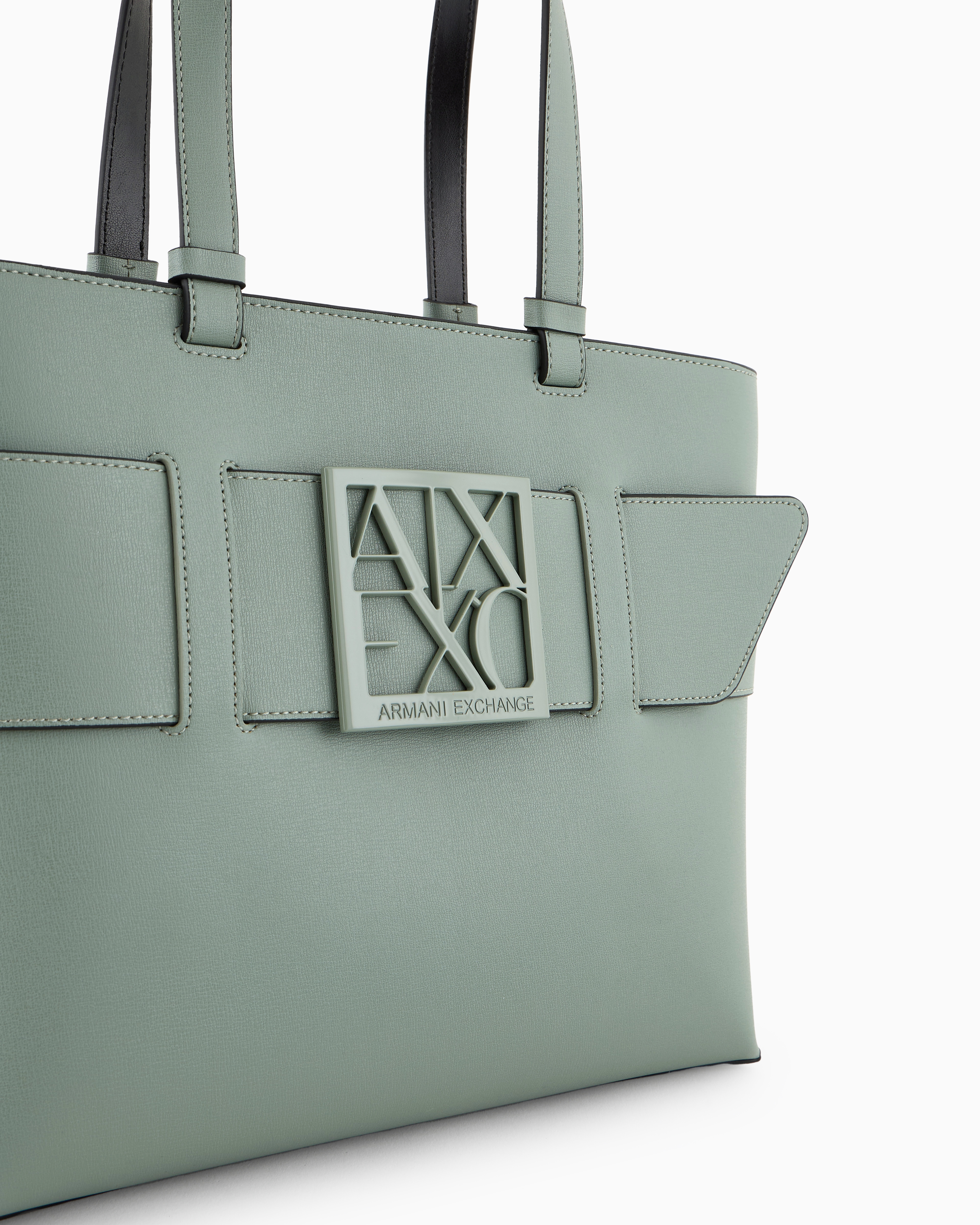 Armani Exchange - Medium shopper bag with tone-on-tone monogram, Woman, Green, Size: TU