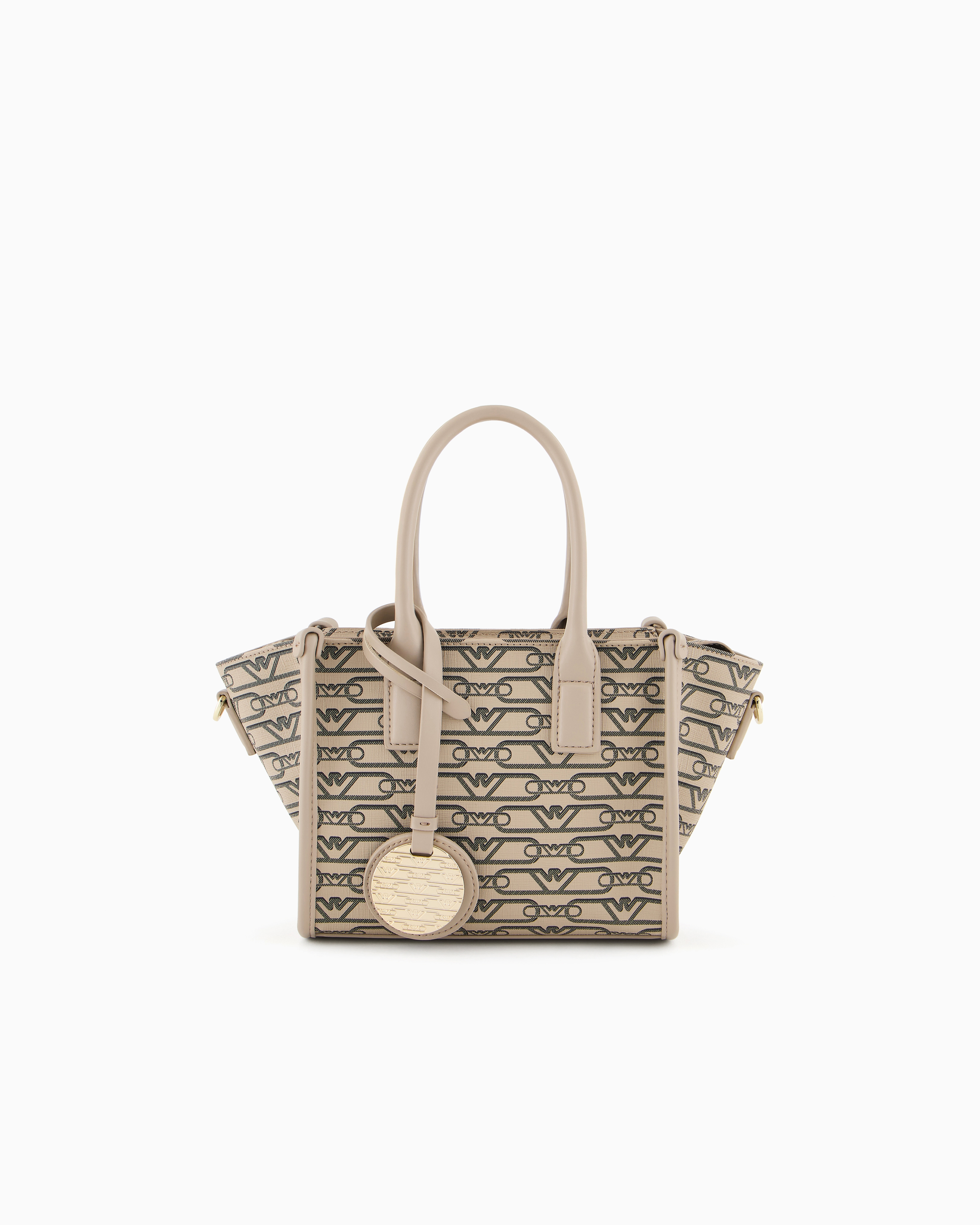 Emporio Armani Small Shopper Bag With All-over Monogram Print In Beige