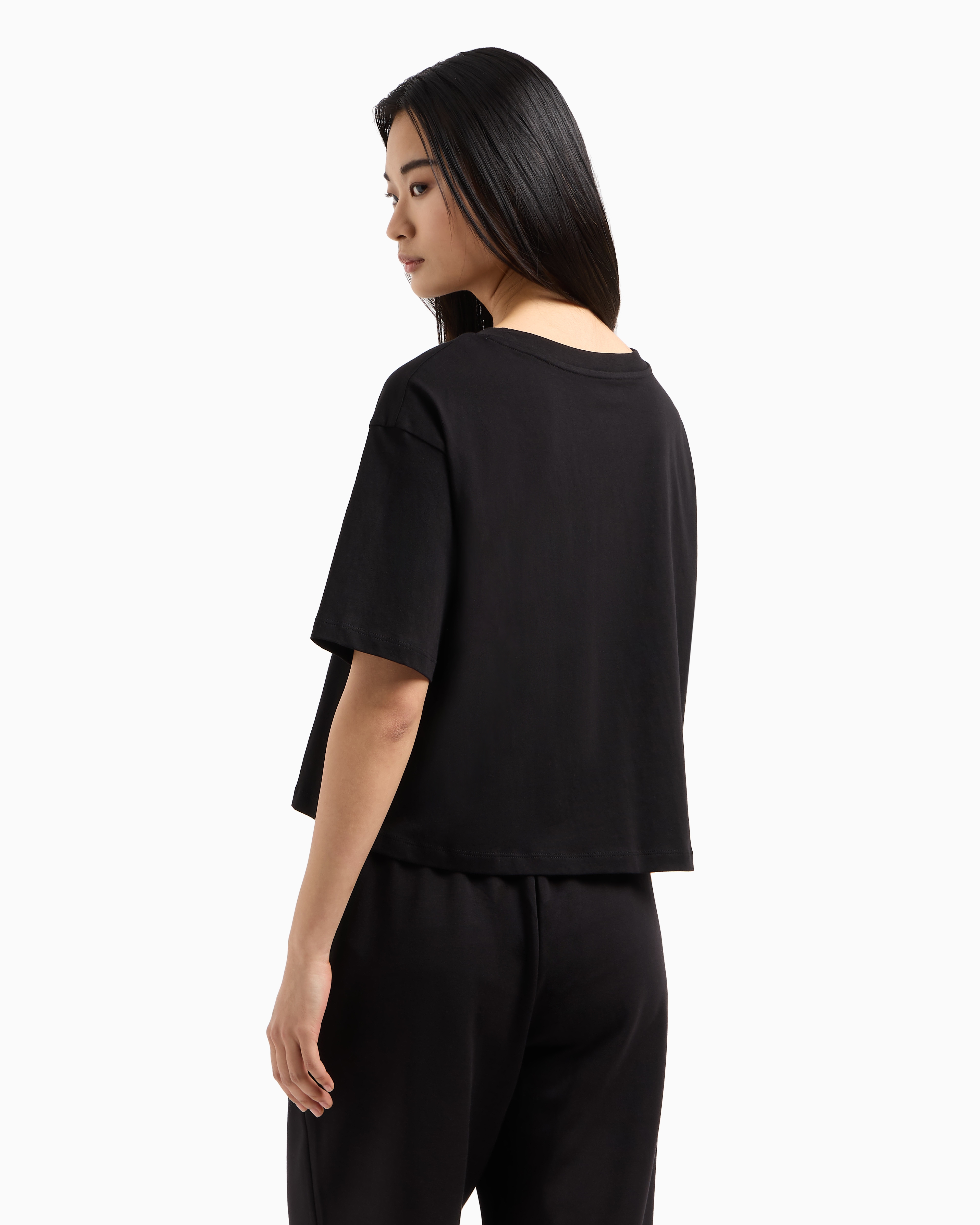 Armani Exchange - Cropped T-shirt with rhinestone logo, Woman, Black, Size: