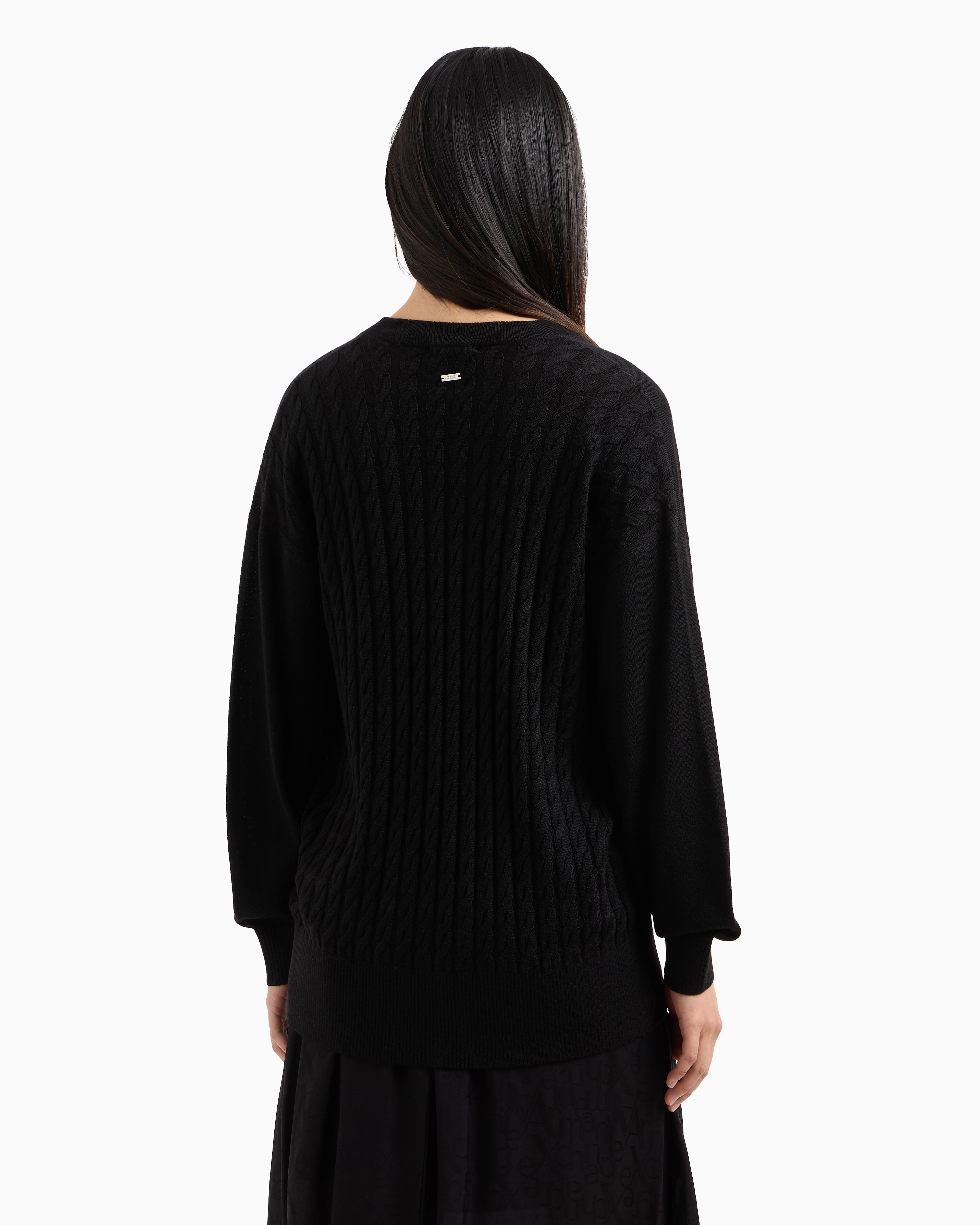 Armani Exchange - Wool blend cardigan with braids, Woman, Black, Size: