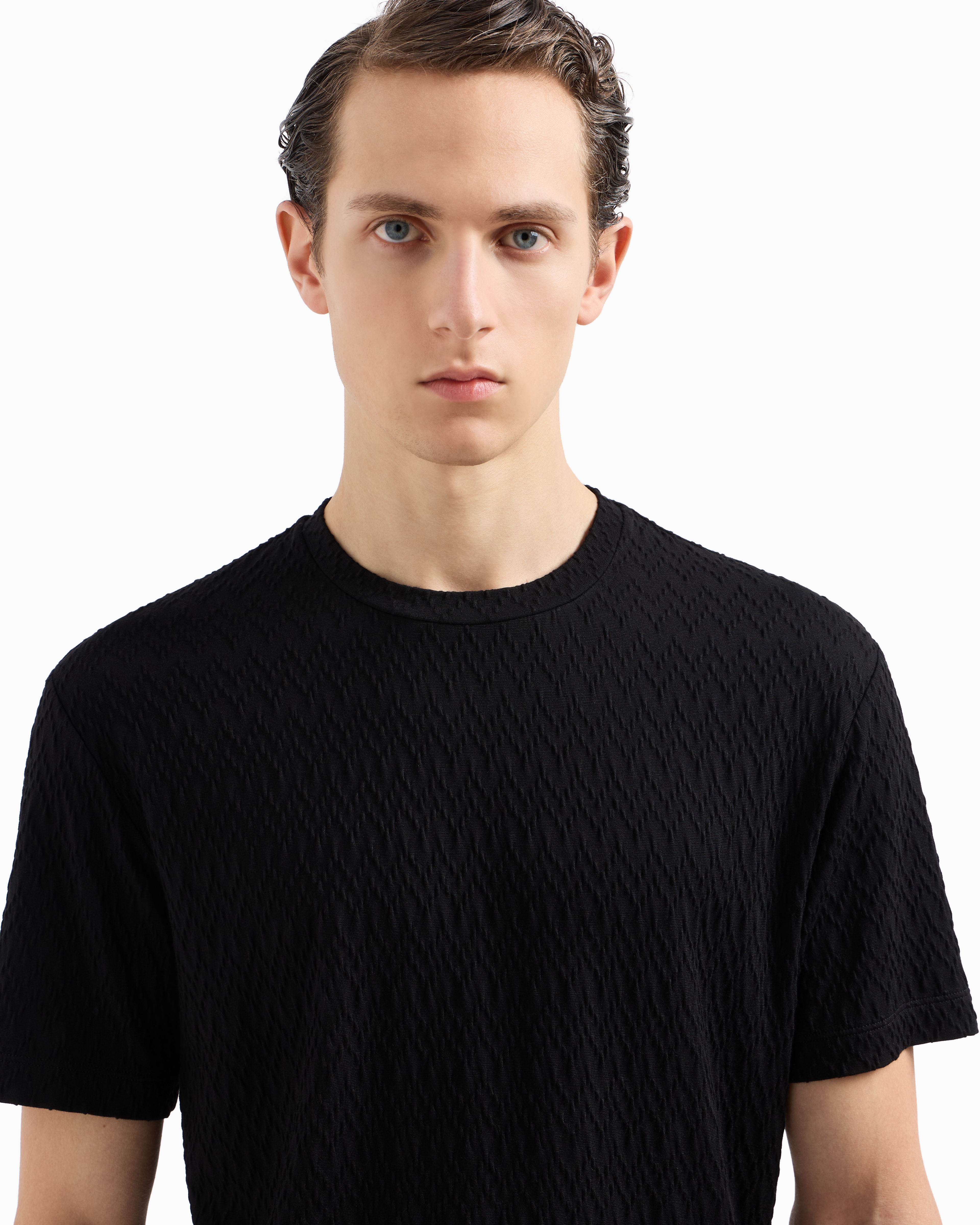 Giorgio Armani お洒落 ストレッチビスコース Tシャツ ネイビー ASV Tシャツ ストレッチビスコース シグネチャーロゴ | Giorgio