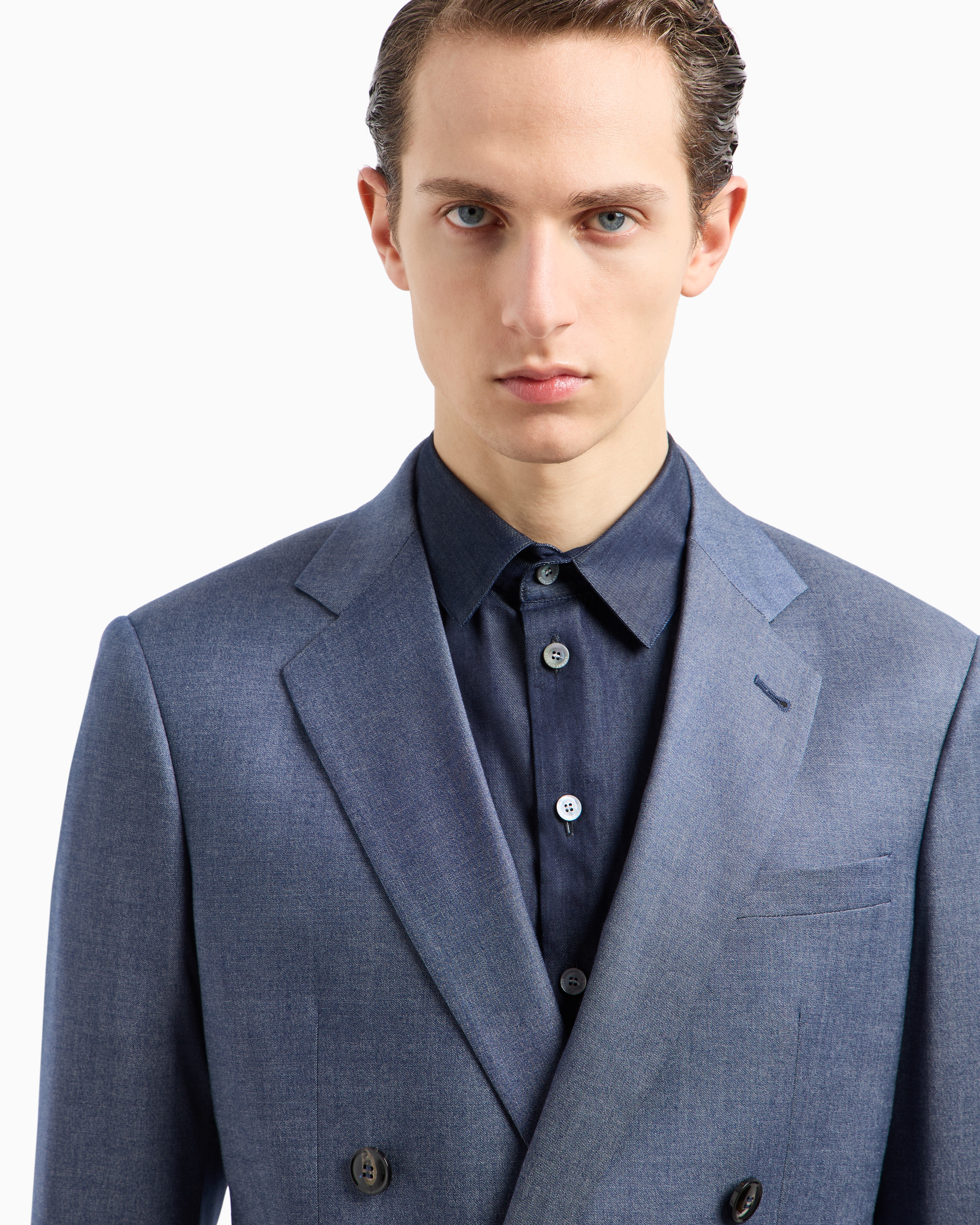 Giorgio Armani Soho Line Double-breasted Denim-effect Cashmere And Stretch Cotton Suit
