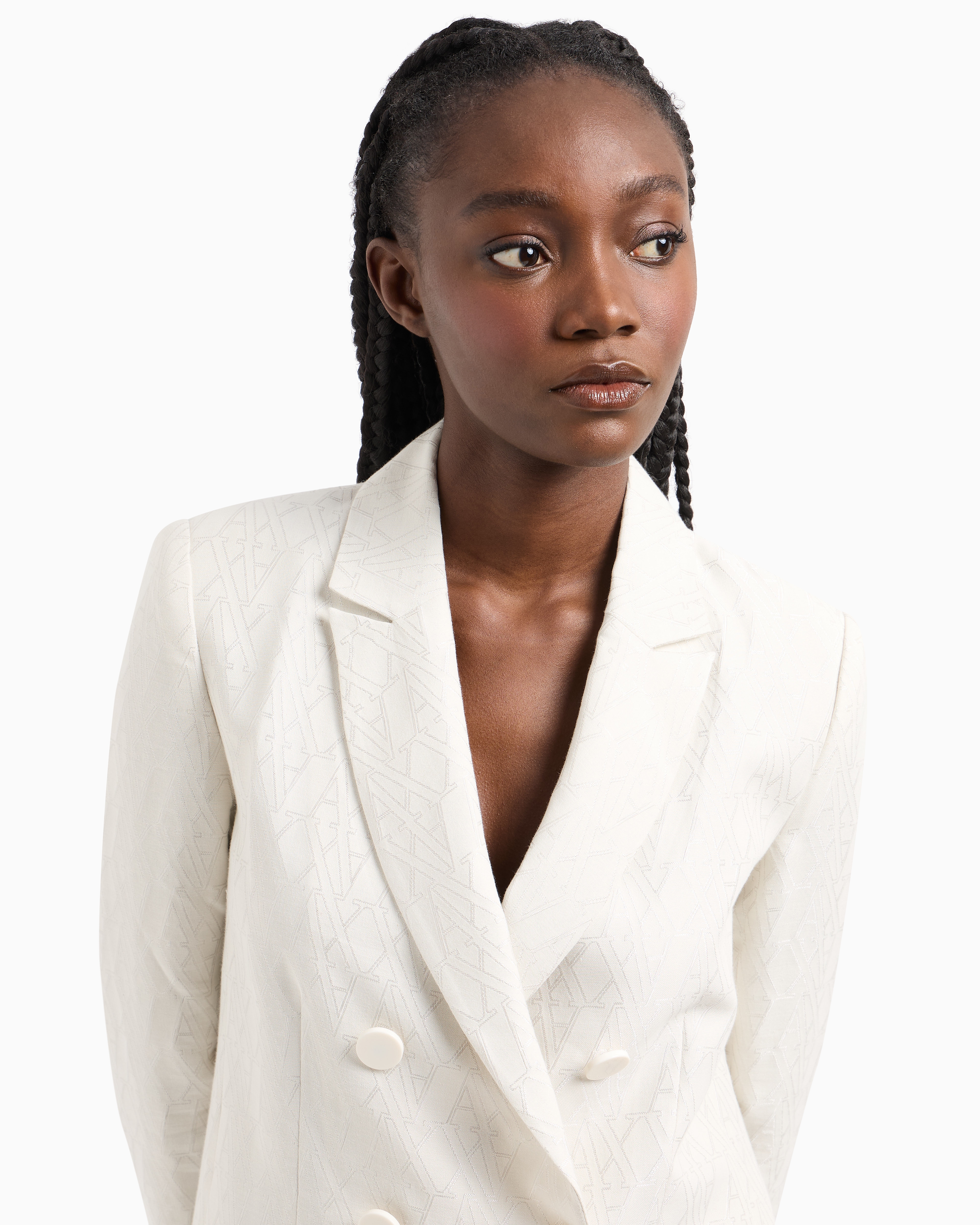 Armani Exchange - Double-breasted jacket in fabric with allover logo, Woman, White, Size: 4